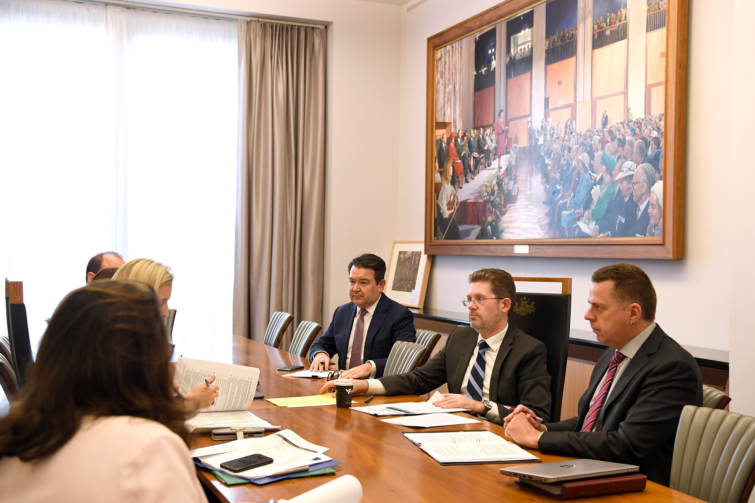 Appropriations, Staffing and Security Committee, 3 December 2019. L-R facing camera: Senator Dean Smith, President of the Senate Scott Ryan and Clerk of the Senate Richard Pye.