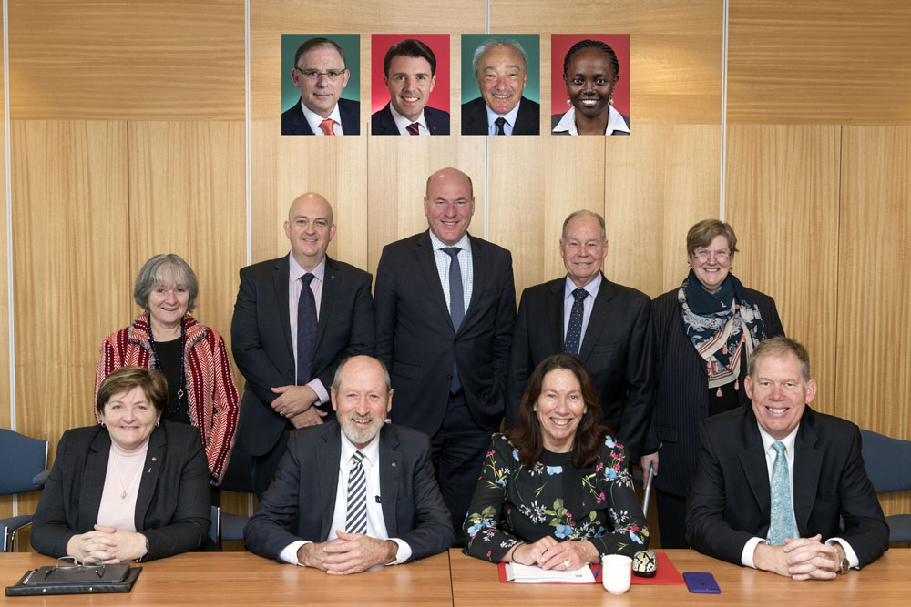 Joint Standing Committee on the Parliamentary Library, 19 March 2015. Inset L-R: The Hon Mr Anthony Byrne MP, Senator the Hon Jonathon Duniam, Dr Mike Freelander MP, Senator Lucy Gichuhi. Standing L-R: Senator Claire Moore, Senator Slade Brockman, Mr Trent Zimmerman MP, Mr Russell Broadbent MP, Dr Dianne Heriot [Parliamentary Librarian and Committee Secretary]. Seated L-R: Ms Anne Stanley MP, Mr Rowan Ramsey MP [Joint Chair], Senator Sue Lines [Joint Chair], Mr Bert van Manen MP. DPS Auspic.