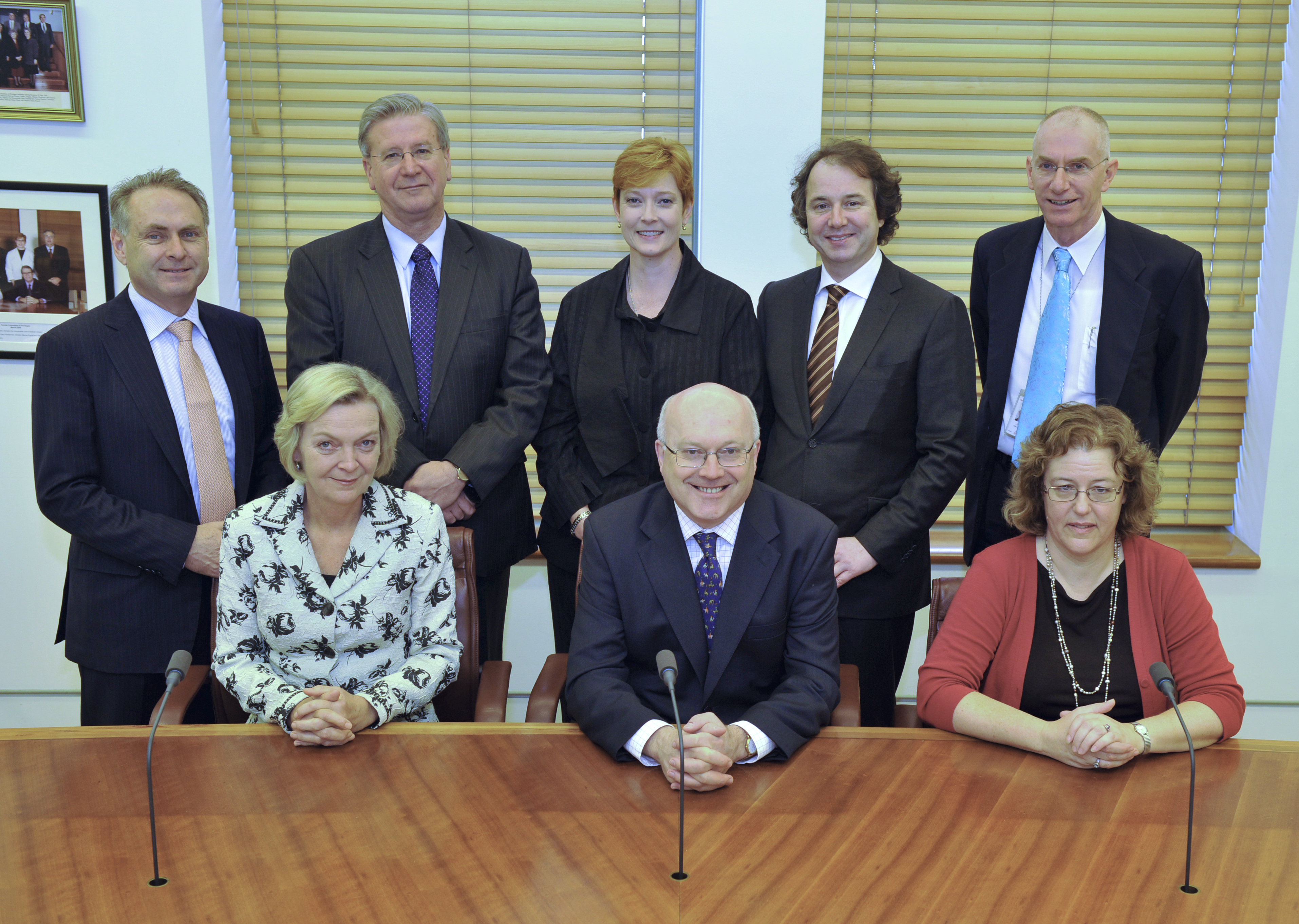 Members and staff of the Standing Committee of Privileges, 13 March 2010. Standing L-R: Senators Donald Farrell, Kerry O'Brien, Marise Payne and John McGauran, and Cleaver Elliott [Secretary]. Seated L-R: Senators Jan McLucas, George Brandis and Jacinta Collins. DPS Auspic.