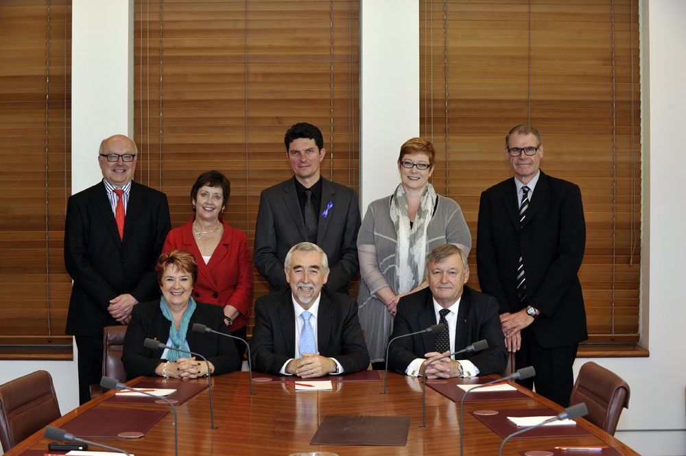 Standing Committee of Privileges, 29 November 2012. Standing L-R: Senators George Brandis, Ursula Stephens, Scott Ludlam, Marise Payne and John Faulkner. Seated L-R: Senators Anne Urquhart, Gary Humphries [Chair] and Alex Gallacher [Deputy Chair]. DPS Auspic.