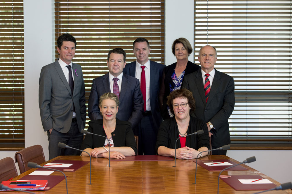 Members and staff of the Standing Committee of Privileges, 2 March 2016. Standing L-R: Senators Scott Ludlam and Dean Smith, Richard Pye [Secretary], Senators Anne McEwen and Eric Abetz. Seated L-R: Senators Bridget McKenzie and Jacinta Collins [Chair]. DPS Auspic.