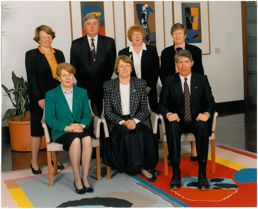 Standing Committee on Community Affairs, 22 September 1994. Standing L-R: Senators Meg Lees, Michael Forshaw, Kay Denman and Olive Zakharov. Seated L-R: Senators Judith Troeth, Sue West [Chair] and Sandy Macdonald. DPS Auspic.