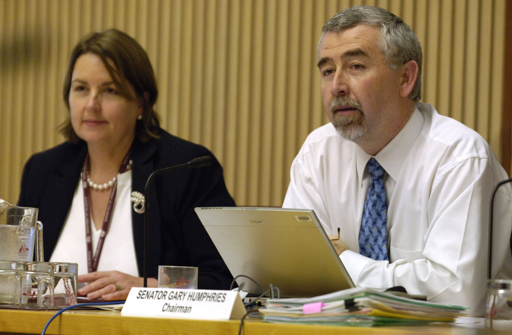 Community Affairs Legislation Committee estimates hearing, 3 November 2005. L-R: Christine McDonald [Acting Secretary] and Senator Gary Humphries [Chair]. DPS Auspic.