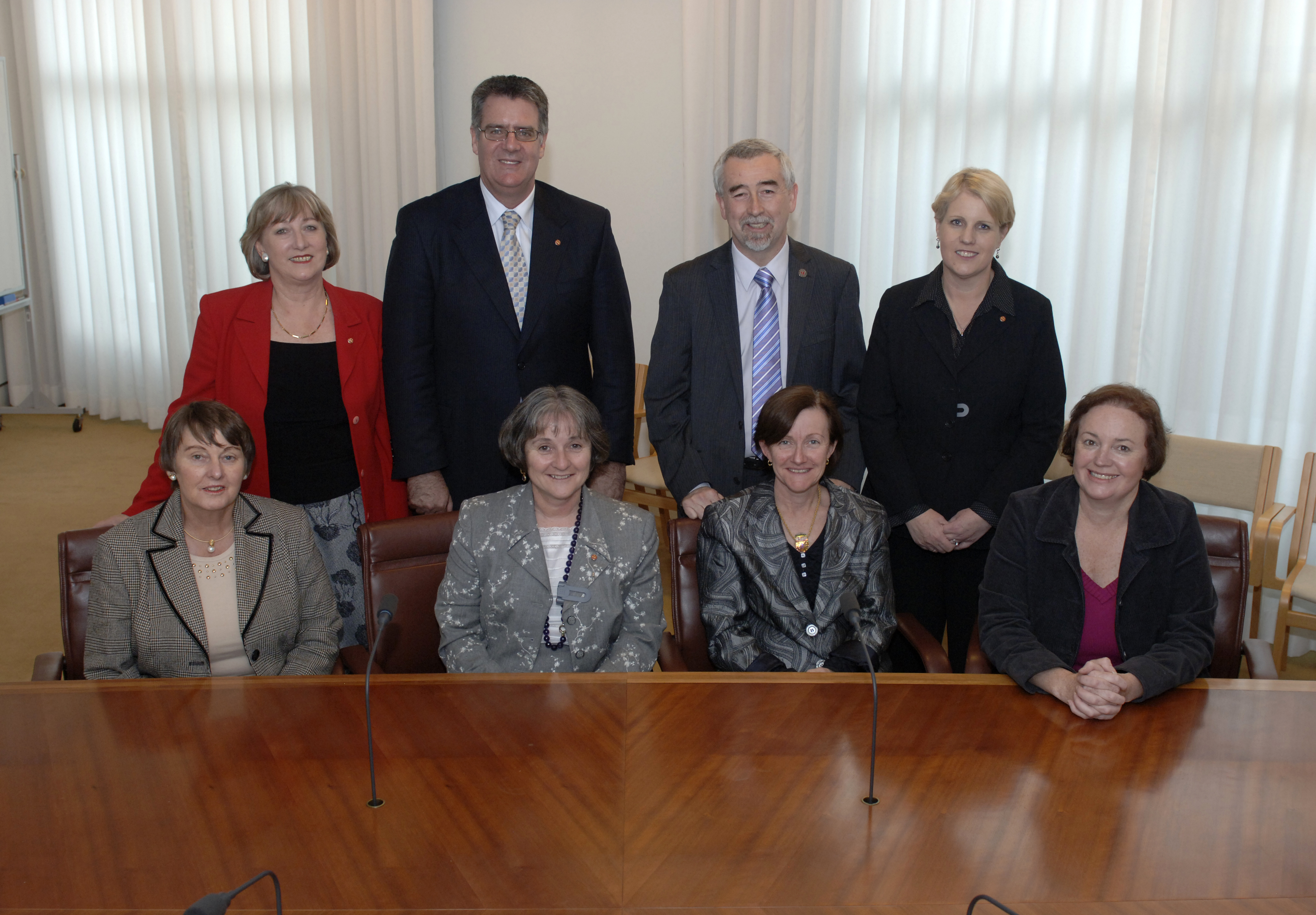 Standing Committee on Community Affairs, 14 May 2009. Standing L-R: Senators Sue Boyce, Mark Furner, Gary Humphries and Catryna Bilyk. Seated L-R: Senators Judith Adams, Claire Moore [Chair], Rachel Siewert [Deputy Chair] and Carol Brown. DPS Auspic.