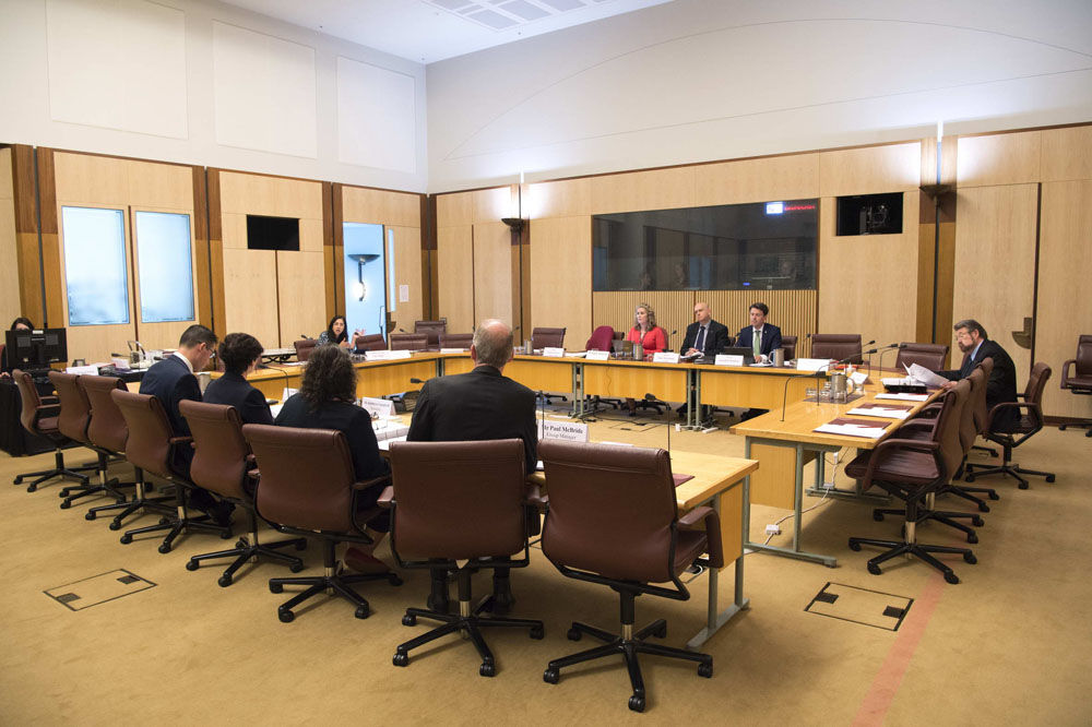 Senator the Hon Zed Seselja, Assistant Minister for Social Services and Multicultural Affairs, and officers from the Department of Social Services appearing before the Community Affairs Legislation Committee at a supplementary budget estimates hearing, 25 October 2017. Seated facing witnesses L-R: Senator Lisa Singh, Sophie Dunstone [Secretary], Senators Slade Brockman [Chair], Jonathon Duniam and Derryn Hinch. DPS Auspic.
