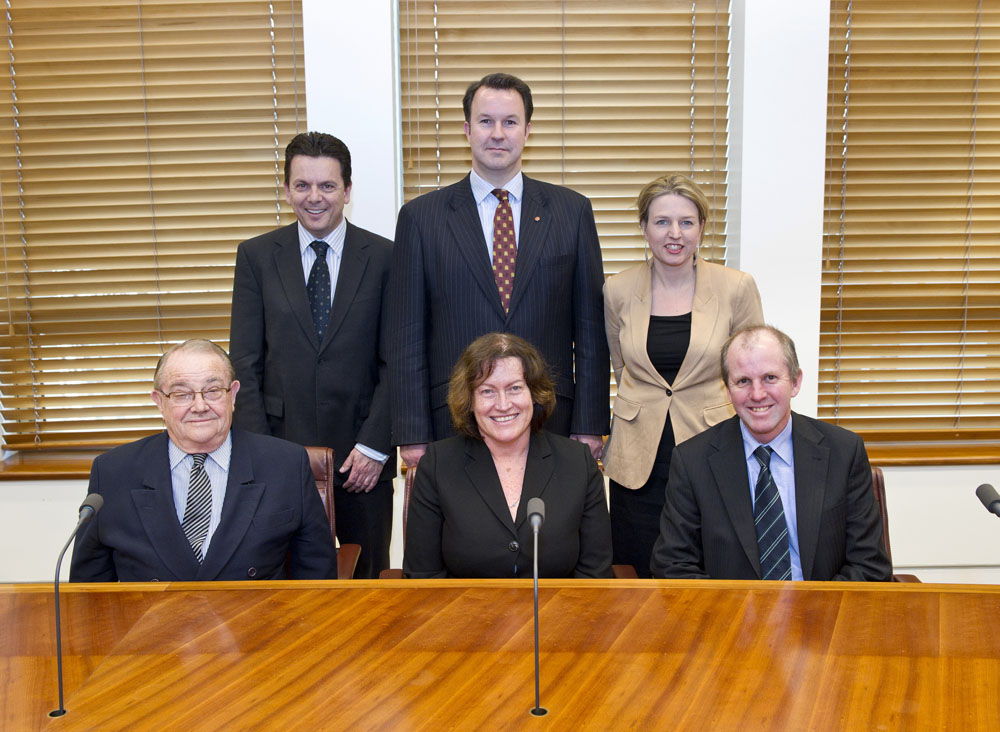 Economics Legislation Committee, 23 June 2011. Standing L-R: Senators Nick Xenophon, David Bushby and Louise Pratt. Seated L-R: Senators Alan Eggleston [Deputy Chair] and Annette Hurley [Chair], and John Hawkins [Secretary]. DPS Auspic.