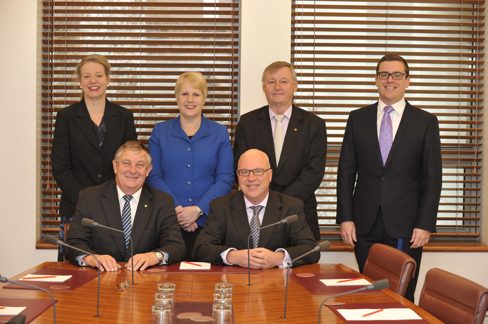 Standing Committees on Education, Employment and Workplace Relations (Legislation and References), 18 June 2013. Standing L-R: Senators Bridget McKenzie, Catryna Bilyk and Alex Gallacher, and Tim Watling [Secretary]. Seated L-R: Senators Chris Back [Deputy Chair, Legislation] and Gavin Marshall [Chair, Legislation]. DPS Auspic.