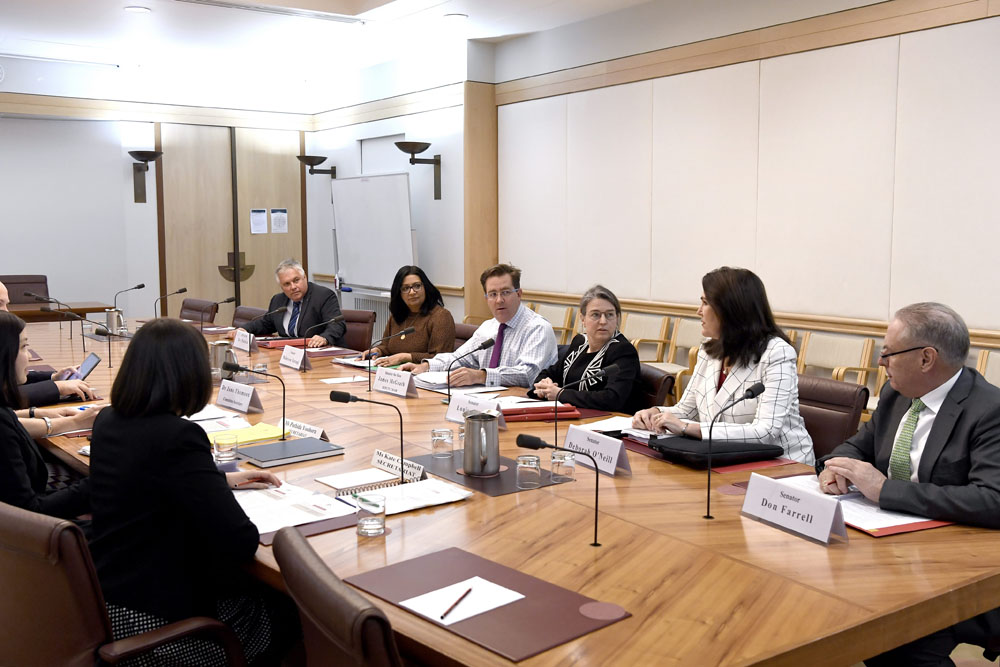 Education and Employment References Committee in session, 11 September 2019. Facing camera L-R: Senators Rex Patrick, Mehreen Faruqi, James McGrath [Deputy Chair], Louise Pratt [Chair], Deborah O'Neill and Don Farrell.