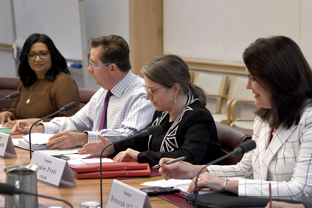 Education and Employment References Committee, 11 September 2019. Facing camera L-R: Senators Mehreen Faruqi, James McGrath [Deputy Chair], Louise Pratt [Chair] and Deborah O'Neill.