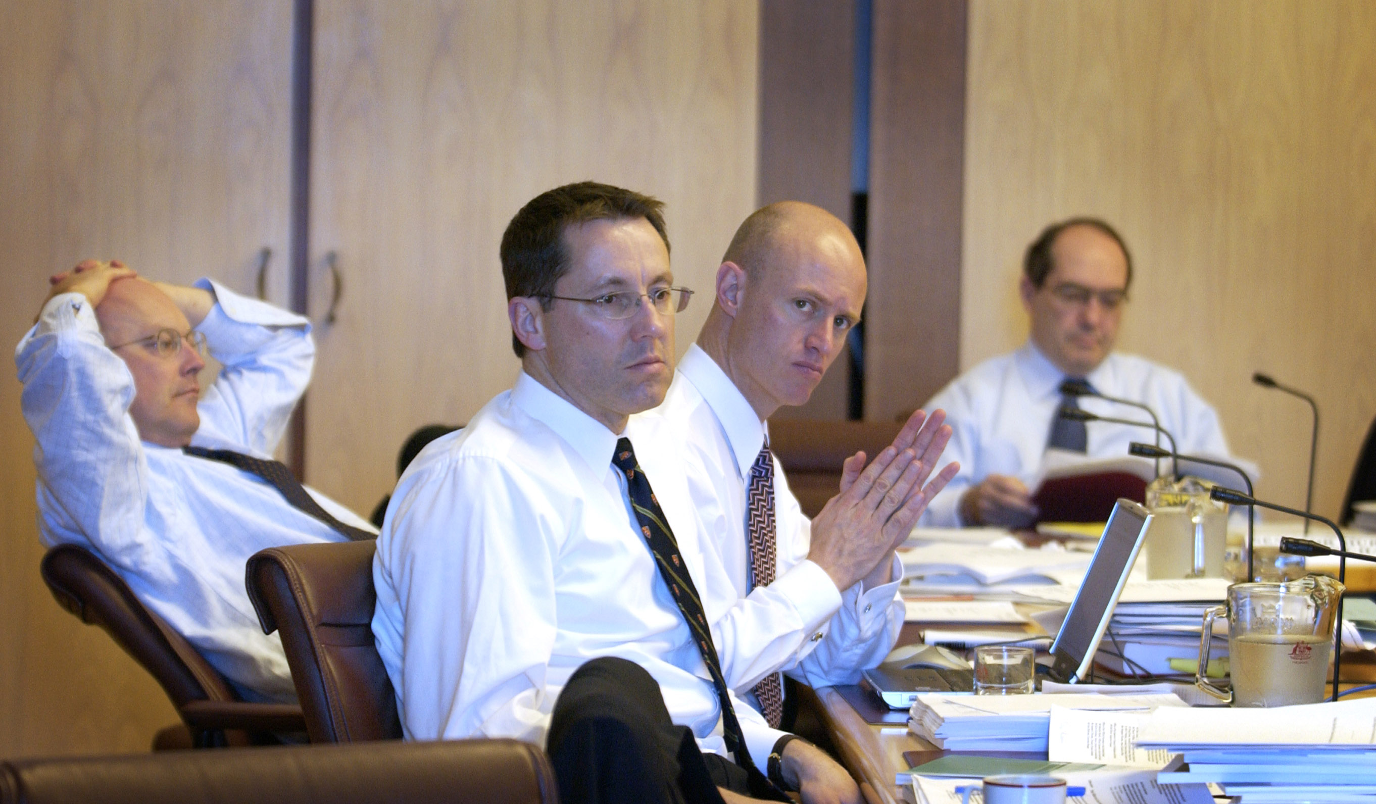 Finance and Public Administration Legislation Committee  at a supplementary budget estimates hearing, 4 November 2003. L-R: Senators George Brandis and Brett Mason [Chair], Alistair Sands [Secretary] and Senator Andrew Murray [Deputy Chair]. DPS Auspic.