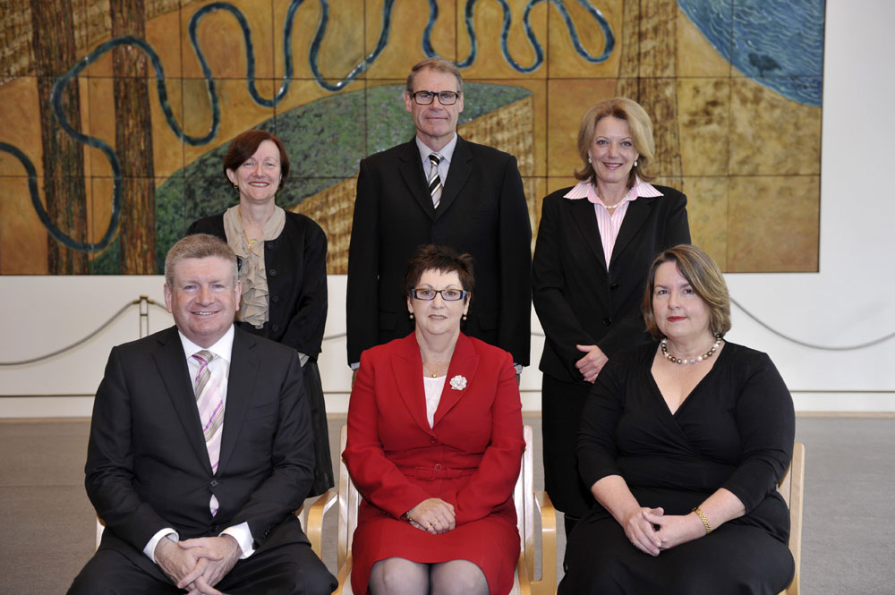 Finance and Public Administration Legislation Committee, 23 May 2011. Standing L-R: Senators Rachel Siewert, John Faulkner and Helen Kroger. Seated L-R: Senators Mitch Fifield [Deputy Chair] and Helen Polley [Chair], and Christine McDonald [Secretary]. DPS Auspic.