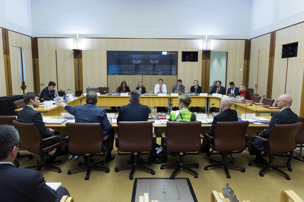 Finance and Public Administration Legislation Committee questioning Senator the Hon Mathias Cormann, Minister for Finance, and officers from the Department of Finance and the Future Fund Management Agency at a supplementary budget estimates hearing, 20 November 2014. Seated facing witnesses L-R: Senators Sam Dastyari and Kate Lundy [Deputy Chair], Lyn Beverley [Secretary], Senators Cory Bernardi [Chair], Dean Smith, Bridget McKenzie, David Bushby, Zed Seselja and Larissa Waters. DPS Auspic.