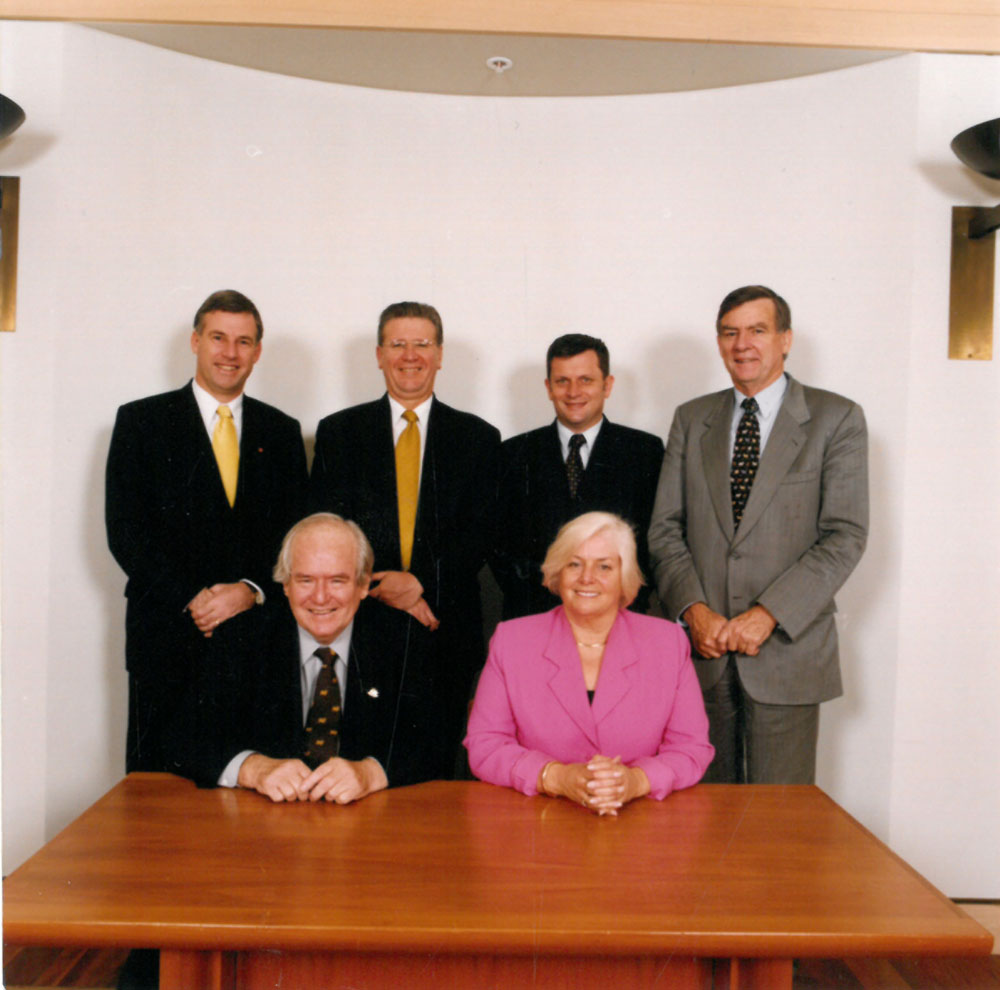Rural and Regional Affairs and Transport Legislation and References Committee, July 2002. Standing L-R: Senators Richard Colbeck, Kerry O'Brien, John Cherry and Bill Heffernan. Seated L-R: Senators Winston Crane and Jeannie Ferris.