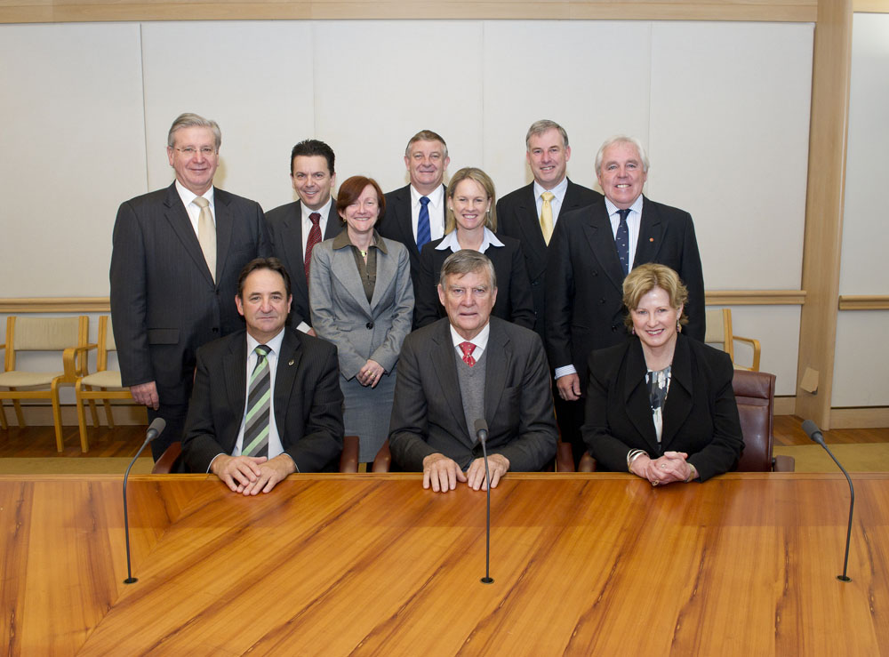 Rural Affairs and Transport Legislation and References committee members, 22 June 2011. Standing L-R: Senators Kerry O'Brien, Nick Xenophon, Rachel Siewert, Christopher Back, Fiona Nash, Richard Colbeck and Steve Hutchins. Seated L-R: Senators Glenn Sterle [Chair, Legislation, Bill Heffernan [Deputy Chair, Legislation] and Christine Milne. DPS Auspic. 