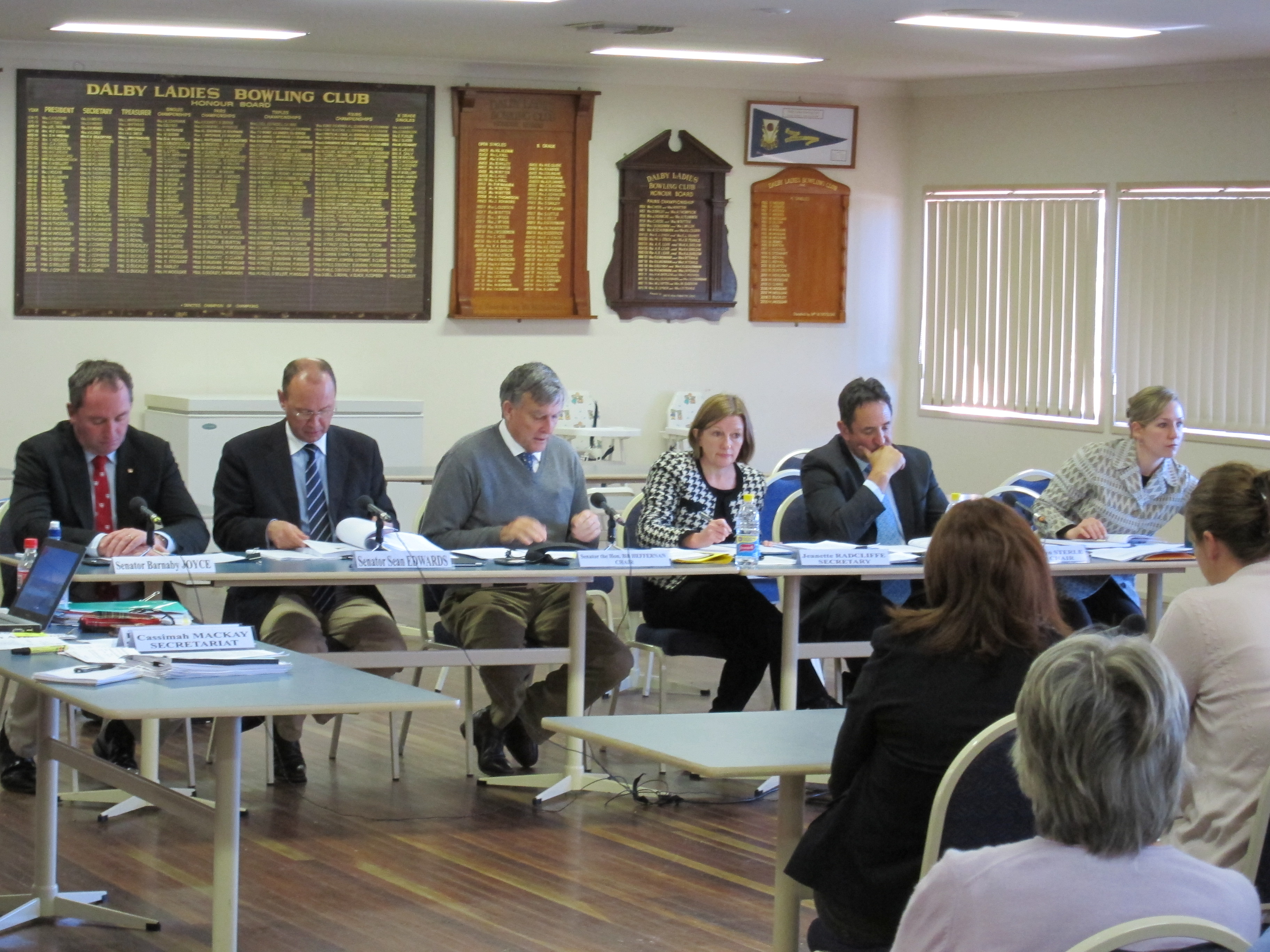 Rural and Regional Affairs and Transport References Committee hearing into the management of the Murray-Darling Basinat Dalby, Qld, 19 July 2011. L-R: Senators Barnaby Joyce, Sean Edwards and Bill Heffernan [Chair], Jeanette Radcliffe [Committee Secretary], Senators Glenn Sterle and Larissa Waters.
