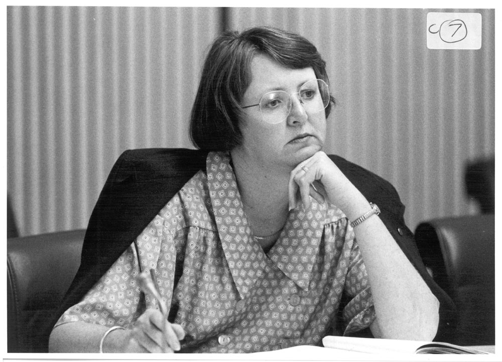 Senator Sue West, member and acting chair of Estimates Committee E, hearing evidence from witnesses at a supplementary budget estimates hearing, 20 September 1990.