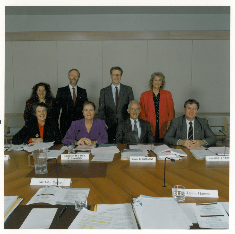 Select Committee on Community Standards Relevant to the Supply of Services Utilising Telecommunications Technologies, 1 June 1992. Standing L-R: Cheryl Scarlett [Senior Research Officer], Robert King [Secretary], Senators Stephen Loosley and Cheryl Kernot. Seated L-R: Senators Shirley Walters [Deputy Chair], Margaret Reynolds [Chair], Brian Harradine and John Tierney.