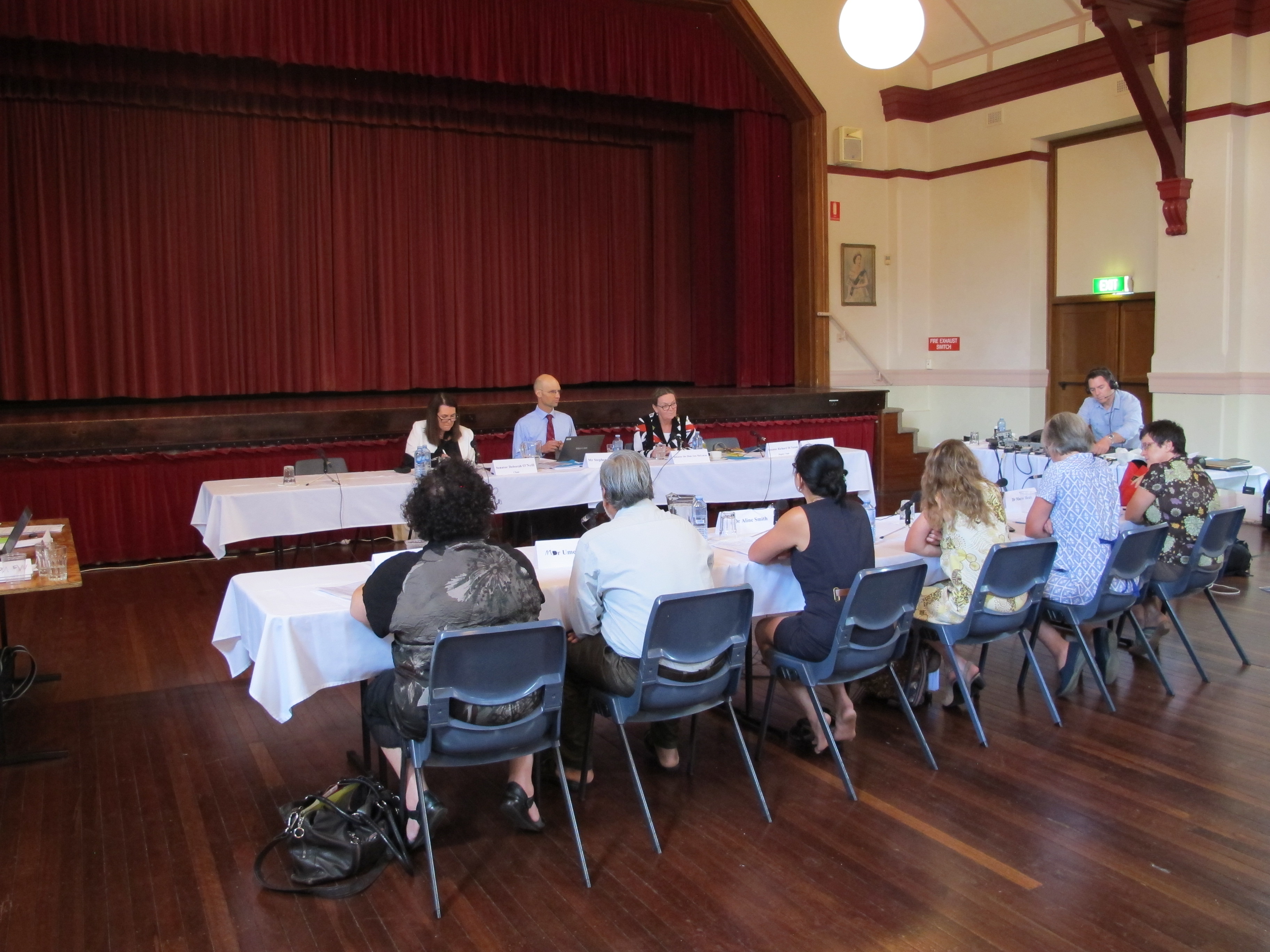 Select Committee on Health hearing at Strathfield Town Hall, 9 February 2015. L-R: Senator Deborah O'Neill [chair], Stephen Palethorpe [Committee Secretary] and Senator Jan McLucas.