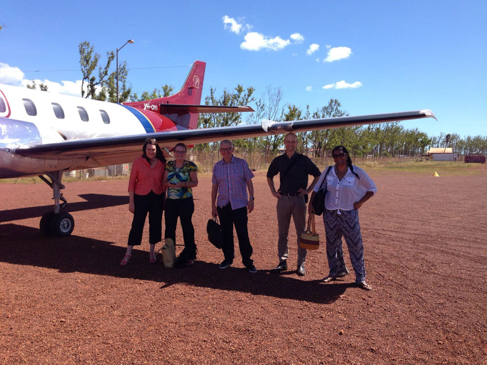Select Committee on Health on the airstip at Elcho Island, 30 April 2015. L-R: Senators Deborah O'Neill [Chair], Jan McLucas and Doug Cameron; Stephen Palethorpe [Committee Secretary] and Senator Nova Peris.