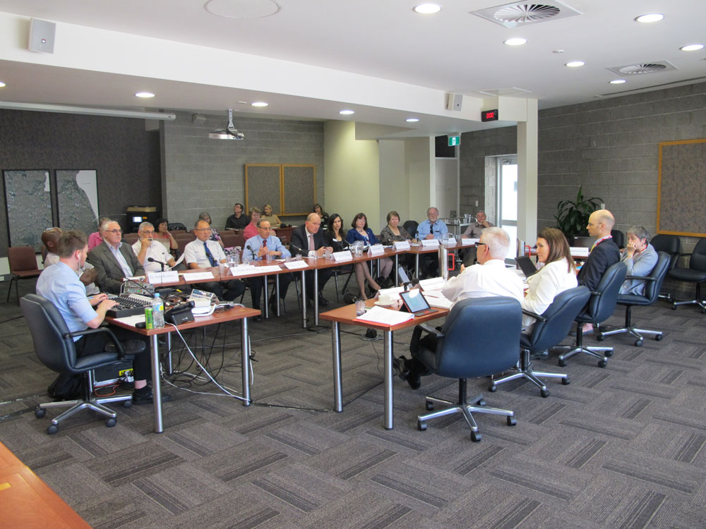Select Committee on Health public hearing at Penrith City Council Civic Centre, Penrith, NSW 12 March 2015. Seated on right L-R: Senators Doug Cameron and Deborah O'Neill [Chair], Stephen Palethorpe [Secretary] and Senator Claire Moore.