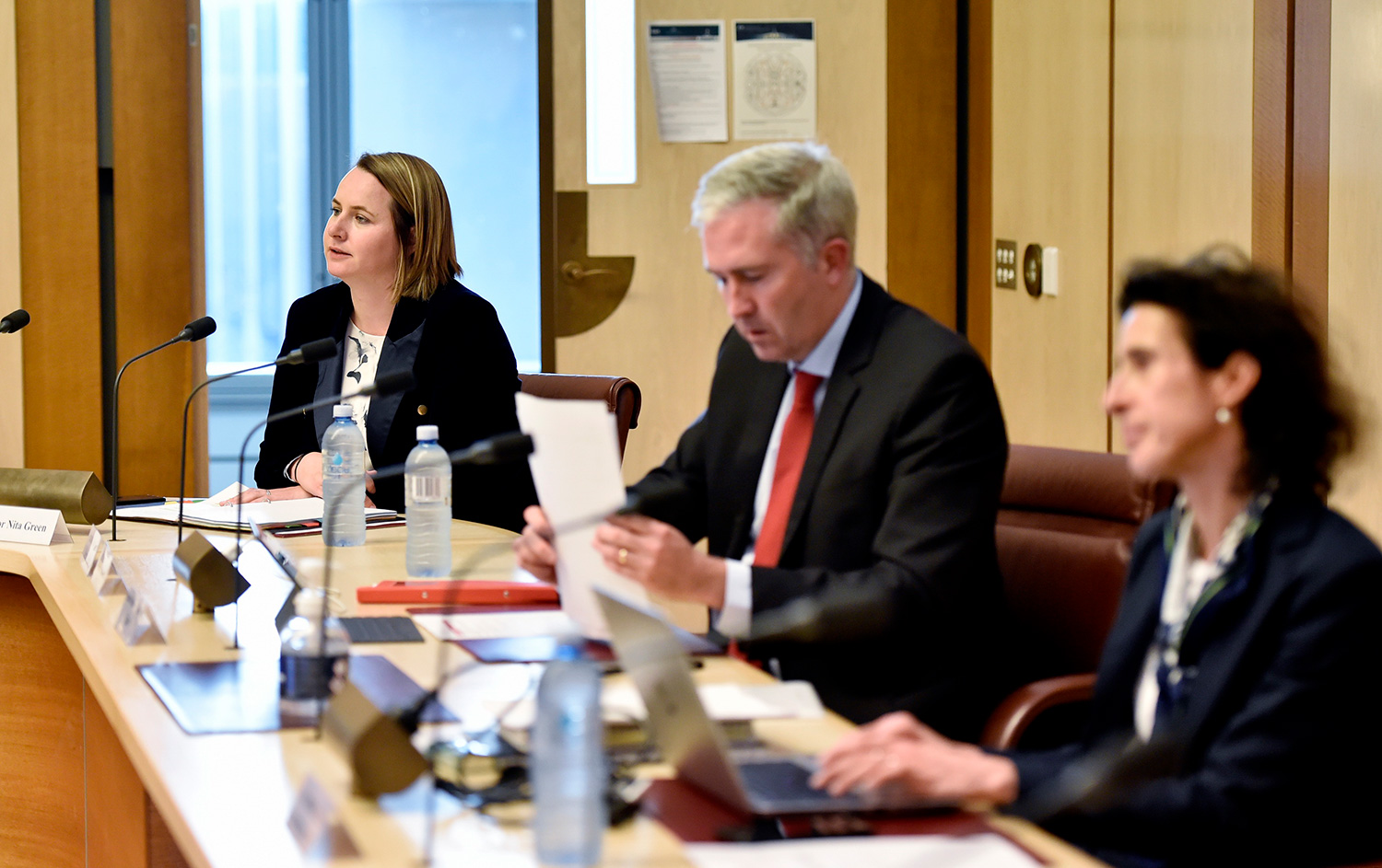 Senators Nita Green and Anthony Chisholm [Chair] and Acting Committee Secretary Apolline Kohen, 27 August 2020. DPS Auspic.