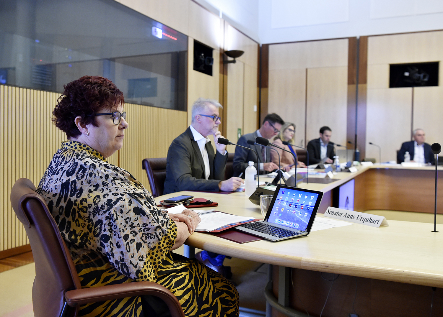 Hearing of the Select Committee on Tobacco Harm Reduction, Parliament House, Canberra, 13 November 2020. L-R: Senators Anne Urquhart and Tony Sheldon, Committee Secretary Patrick Hodder, Committee Chair Senator Hollie Hughes and Senators Matt Canavan and Stirling Griff. DPS Auspic.