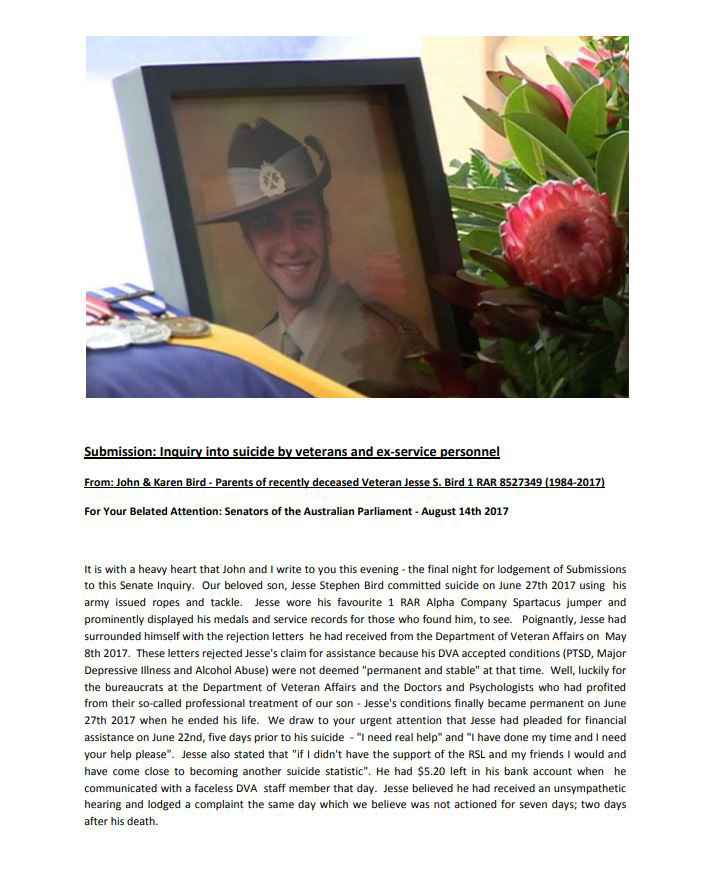 First page of the supplementary submission to the inquiry by Karen and John Bird, 14 August 2017 (view full supplementary submission)