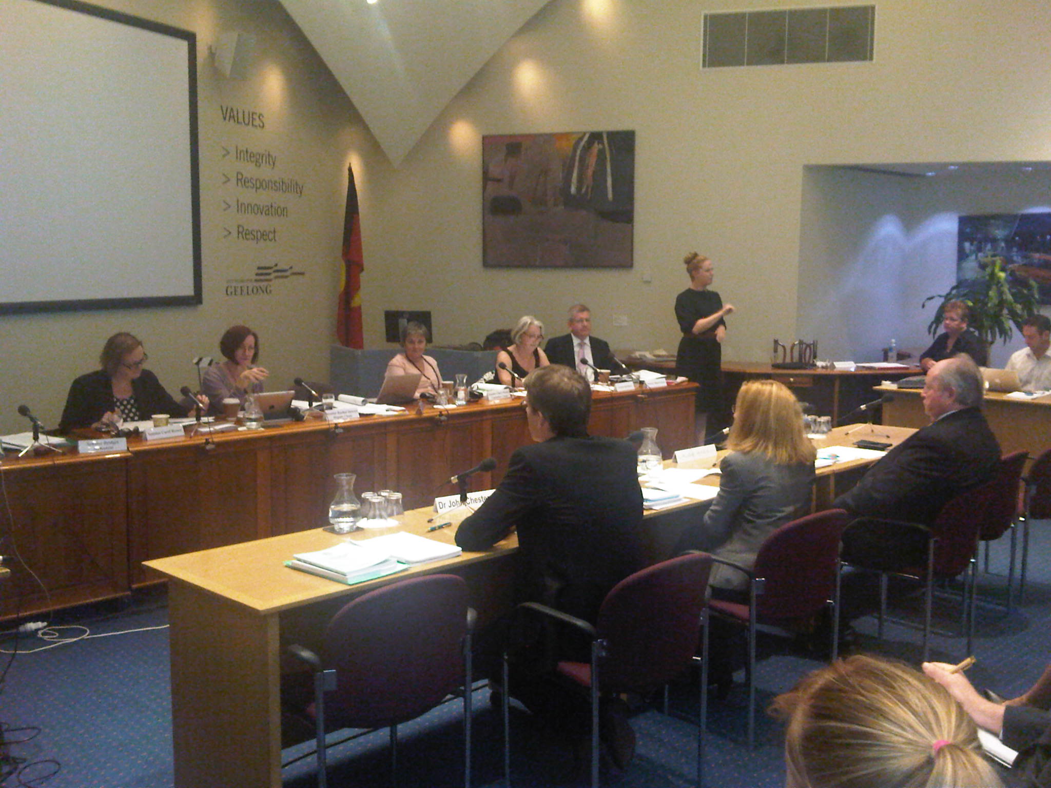 \x3cp\x3eCommittee members and witnesses at a public hearing in City Hall, Geelong, 20 February 2013. L-R: Senators Carol Brown, Rachel Siewert, Claire Moore, Sue Boyce and Mitch Fifield. Witnesses L-R: Dr John Chesterman, Manager of Policy and Education, Office of the Public Advocate; Lynne Coulson Barr, Deputy Disability Services Commissioner and Laurie Harkin AM, Disability Services Commissioner.\x3c/p\x3e