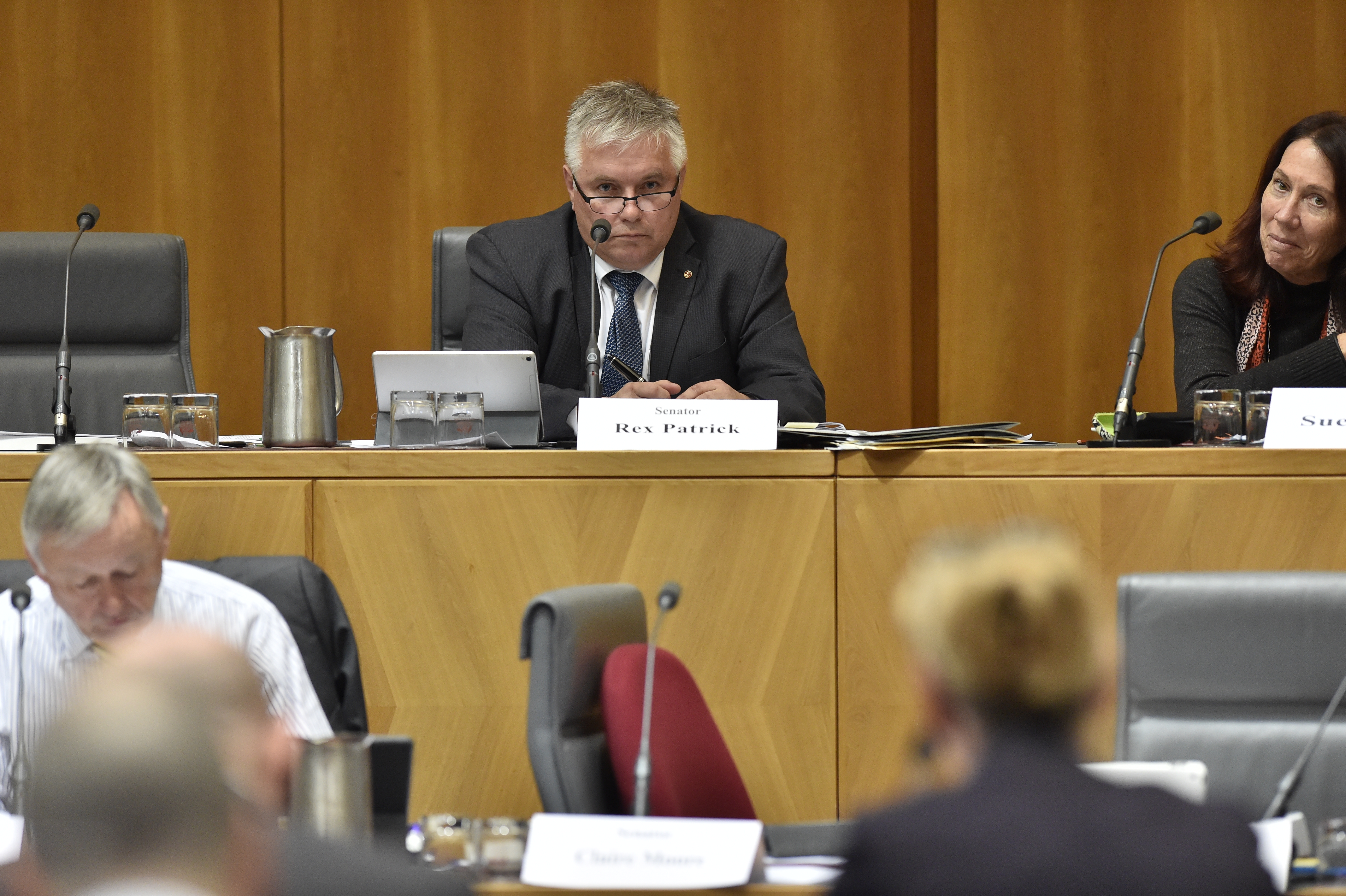 \x3cp\x3eForeign Affairs, Defence and Trade Legislation Committee  Top row L-R: Senators Rex Patrick and Sue Lines. Senator Alex Gallacher [Deputy Chair] at bottom left. DPS Auspic.\x3c/p\x3e
