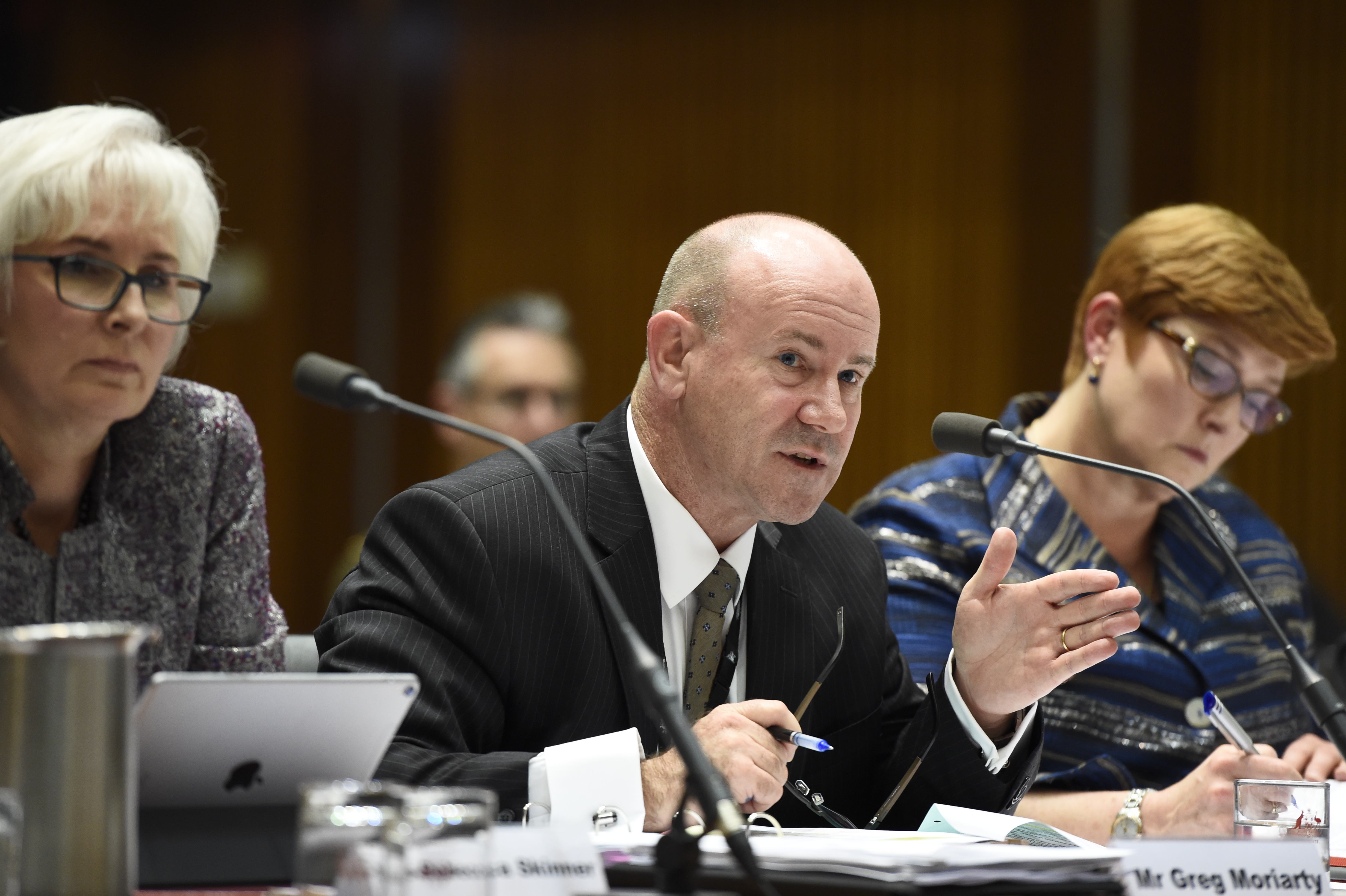\x3cp\x3eGreg Moriarty, Secretary of the Department of Defence, answering questions with Rebecca Skinner [Acting Associate Secretary, Department of Defence] and Senator the Hon Marise Payne, Minister for Defence (right), 29 May 2018. DPS Auspic.\x3c/p\x3e