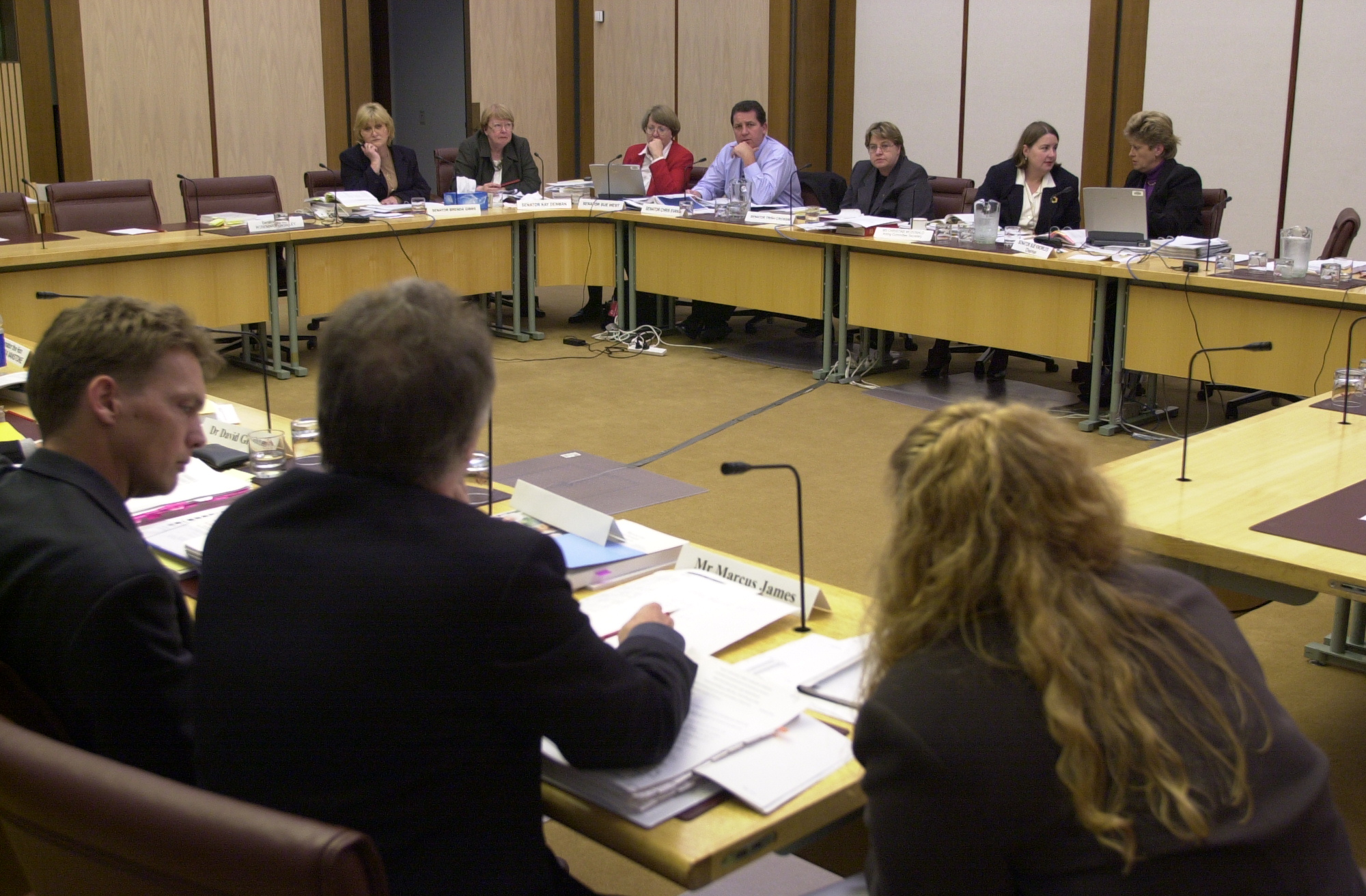 \x3cp\x3eCommunity Affairs Legislation Committee members questioning officers of the Department of Health and Aged Care, 28 May 2001. Seated facing camera L-R: Senators Brenda Gibbs, Kay Denman, Sue West, Chris Evans and Trish Crossin, Christine McDonald [Acting Secretary] and Senator Sue Knowles [Chair]. DPS Auspic.\x3c/p\x3e