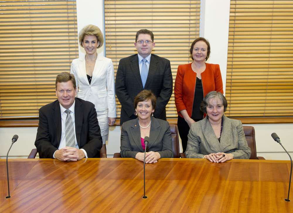 Members of the Standing Committee on Regulations and Ordinances, 16 June 2011. Standing L-R: Senators Michaelia Cash, Scott Ryan and Carol Brown. Seated L-R: Senators Michael Ronaldson [Deputy Chair], Ursula Stephens [Chair] and Claire Moore. DPS Auspic. 