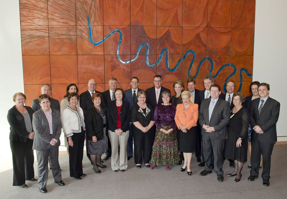 Current and former members and staff of the Standing Committee on Regulations and Ordinances, 15 March 2012. Back row L-R: Janice Paull [Senior Research Officer], Ivan Powell [Secretary], Senators Concetta Fierravanti-Wells, Gavin Marshall, Christopher Back, Brett Mason, Mark Furner [Chair], Michaelia Cash, Michael Ronaldson [Deputy Chair] and Mathias Cormann, James Warmenhoven [former Secretary] and Senator Jacinta Collins. Front row L-R: Sarah Bannerman [former Administrative Officer], Senators Ursula Stephens [former Chair], Anne Urquhart, Carol Brown, Trish Crossin, Claire Moore, Bronwyn Bishop and Scott Ryan, Jill Manning [Administrative Officer] and Professor Stephen Bottomley [Legal Adviser]. DPS Auspic. 