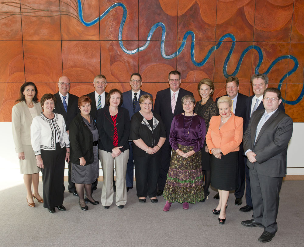 Current and former members of the Standing Committee on Regulations and Ordinances, 15 March 2012. Back row L-R: Senators Concetta Fierravanti-Wells, Gavin Marshall, Christopher Back, Brett Mason, Mark Furner [Chair], Michaelia Cash, Michael Ronaldson [Deputy Chair] and Mathias Cormann. Front row L-R: Senators Ursula Stephens [former Chair], Anne Urquhart, Carol Brown, Trish Crossin, Claire Moore, Bronwyn Bishop and Scott Ryan. DPS Auspic.