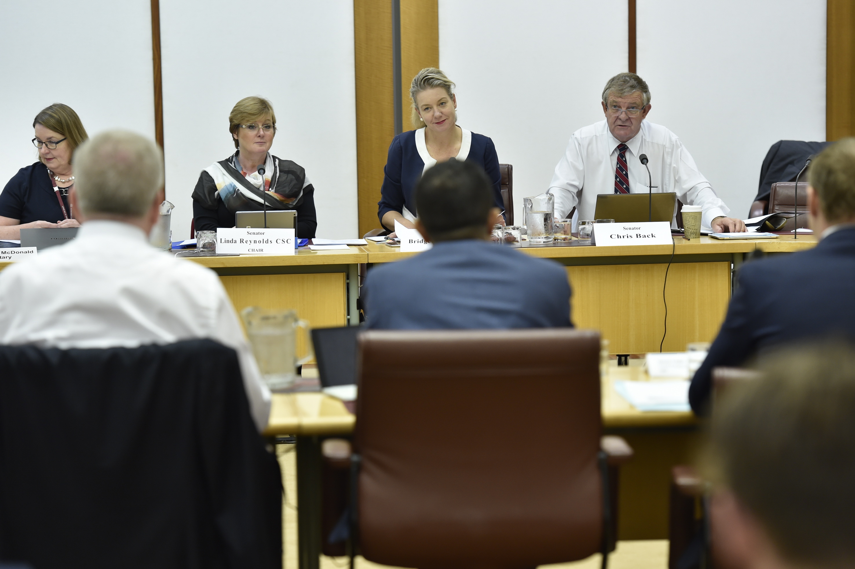 \x3cp\x3eEnvironment and Communications Legislation Committee additional estimates hearing, 9 February 2016. Facing camera L-R: Christine McDonald [Secretary], Senators Linda Reynolds [Chair], Bridget McKenzie and Chris Back. DPS Auspic.\x3c/p\x3e