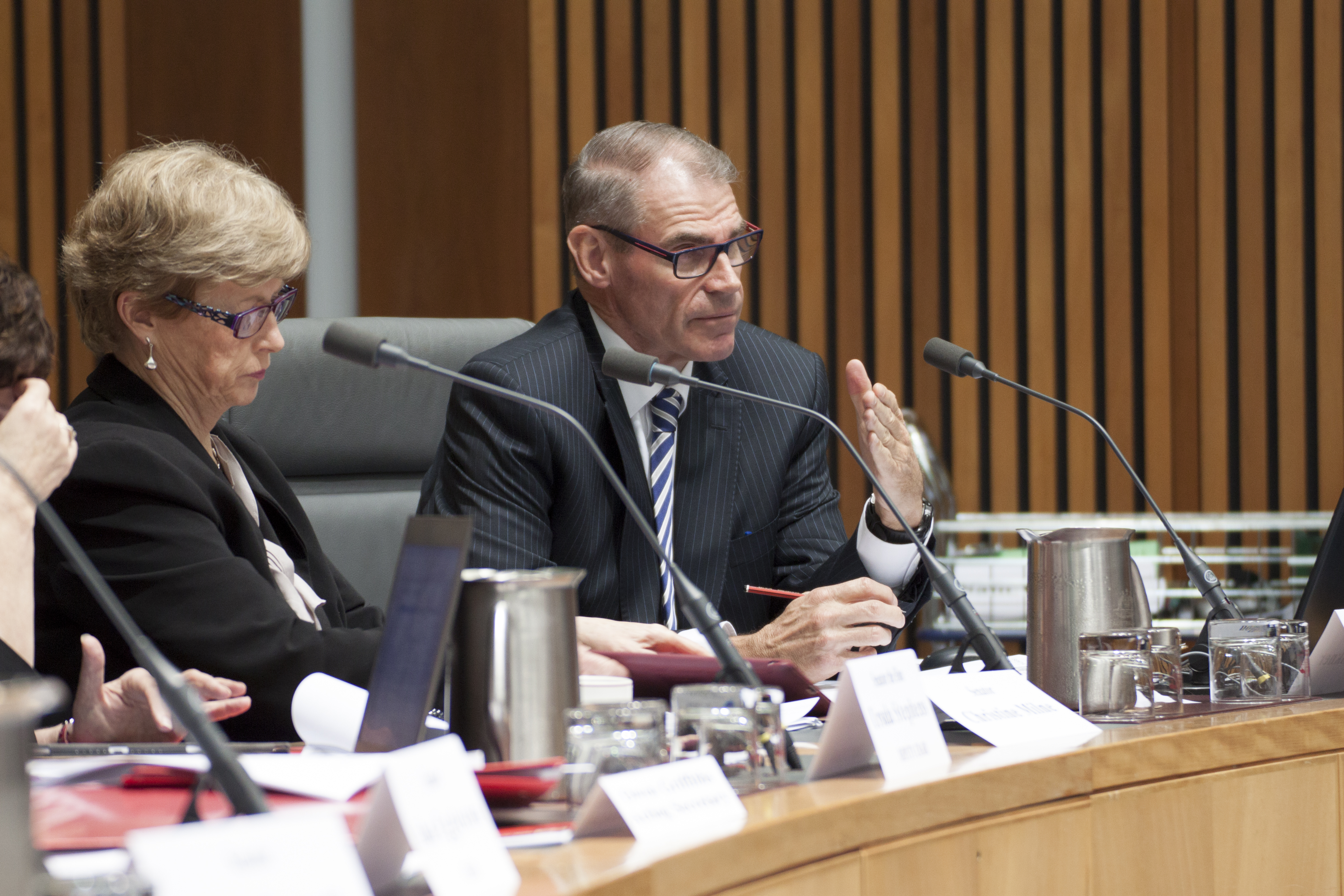\x3cp\x3eCommittee members Senator John Faulkner and Christine Milne at  budget estimates hearing, 2 June 2014. \x3c/p\x3e