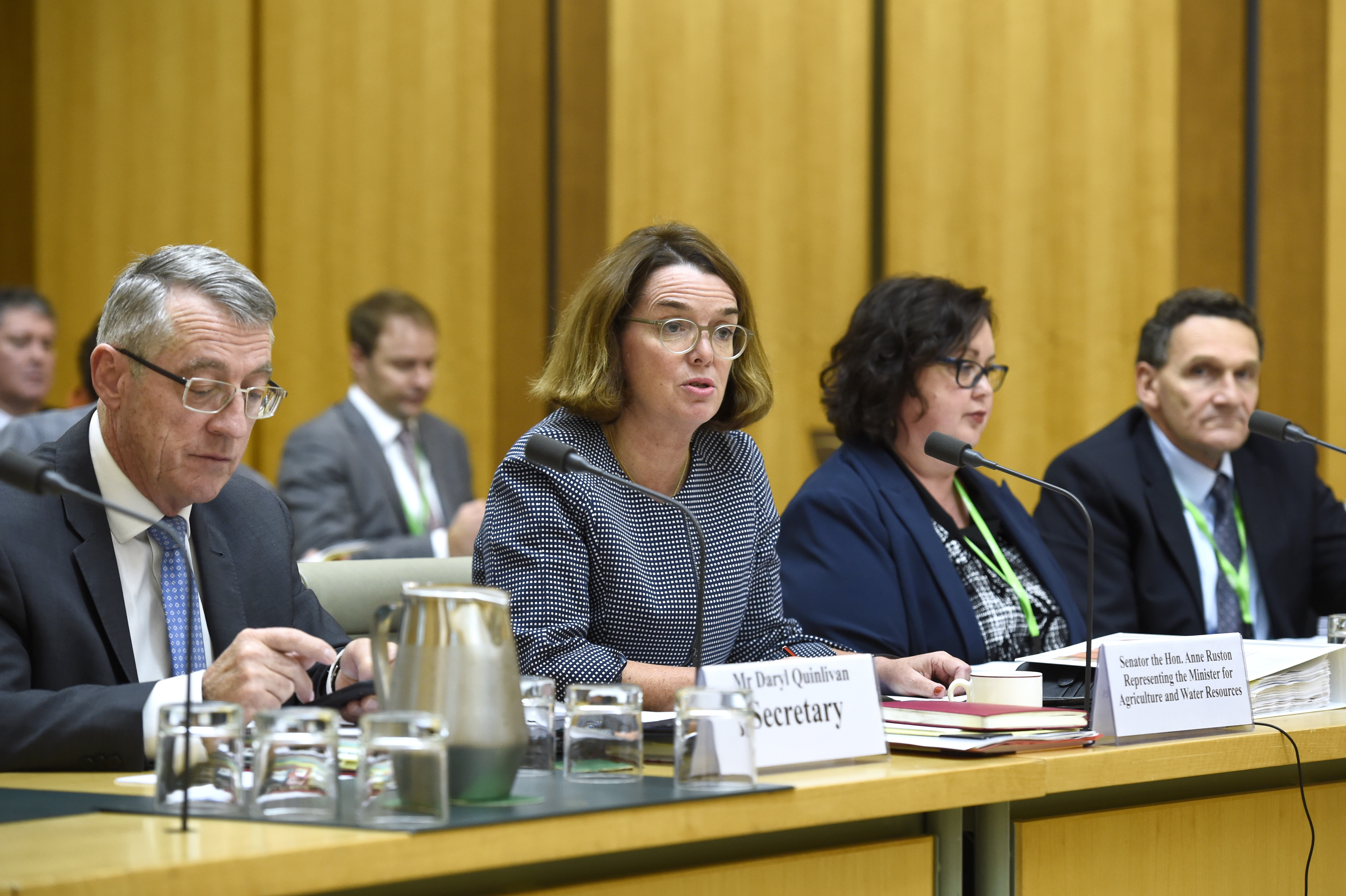\x3cp\x3eSenator the Hon Anne Ruston, Assistant Minister for Agriculture and Water Resources and officers of the Department of Agriculture and Water Resources answering questions during the budget estimates hearing, 24 May 2018. L-R: Daryl Quinlivan [Departmental Secretary], Senator the Hon Anne Ruston, Michelle Lauder [Assistant Secretary] and Ian Thompson [First Assistant Secretary]. DPS Auspic.\x3c/p\x3e