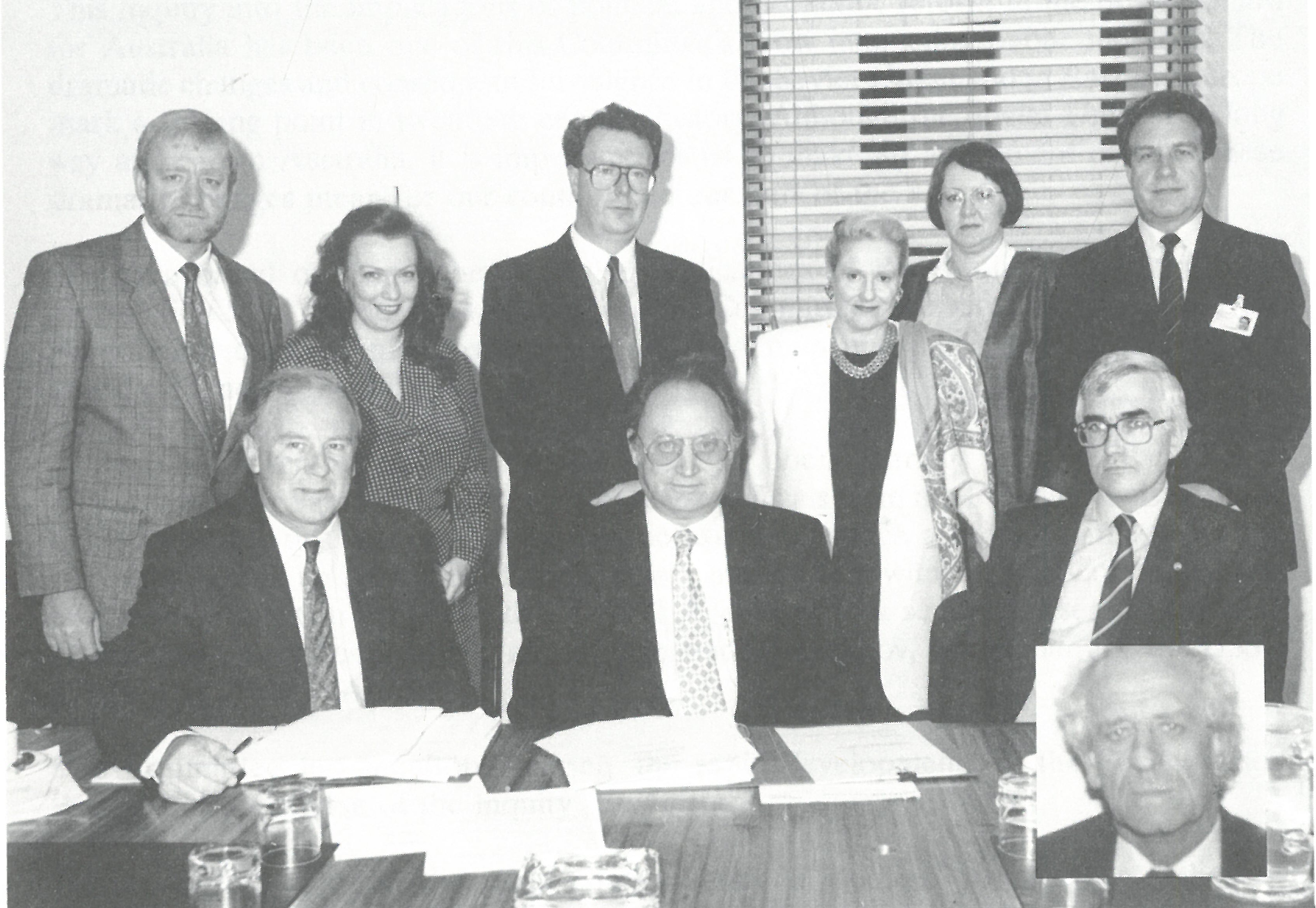 \x3cp\x3eStanding Committee on Foreign Affairs, Defence and Trade, 1990. Back row L-R: Senators Ian Macdonald, Vicki Bourne, Stephen Loosley, Bronwyn Bishop, Sue West and Soviet Ambassador Vyacheslav Dolgov; Front row L-R: Senator Graham Maguire [Chair], Gennadi Gerasimov [Chief Spokesman for the USSR Ministry for Foreign Affairs], Senator Baden Teague [Deputy Chair]; Inset: Senator Bryant Burns.\x3c/p\x3e