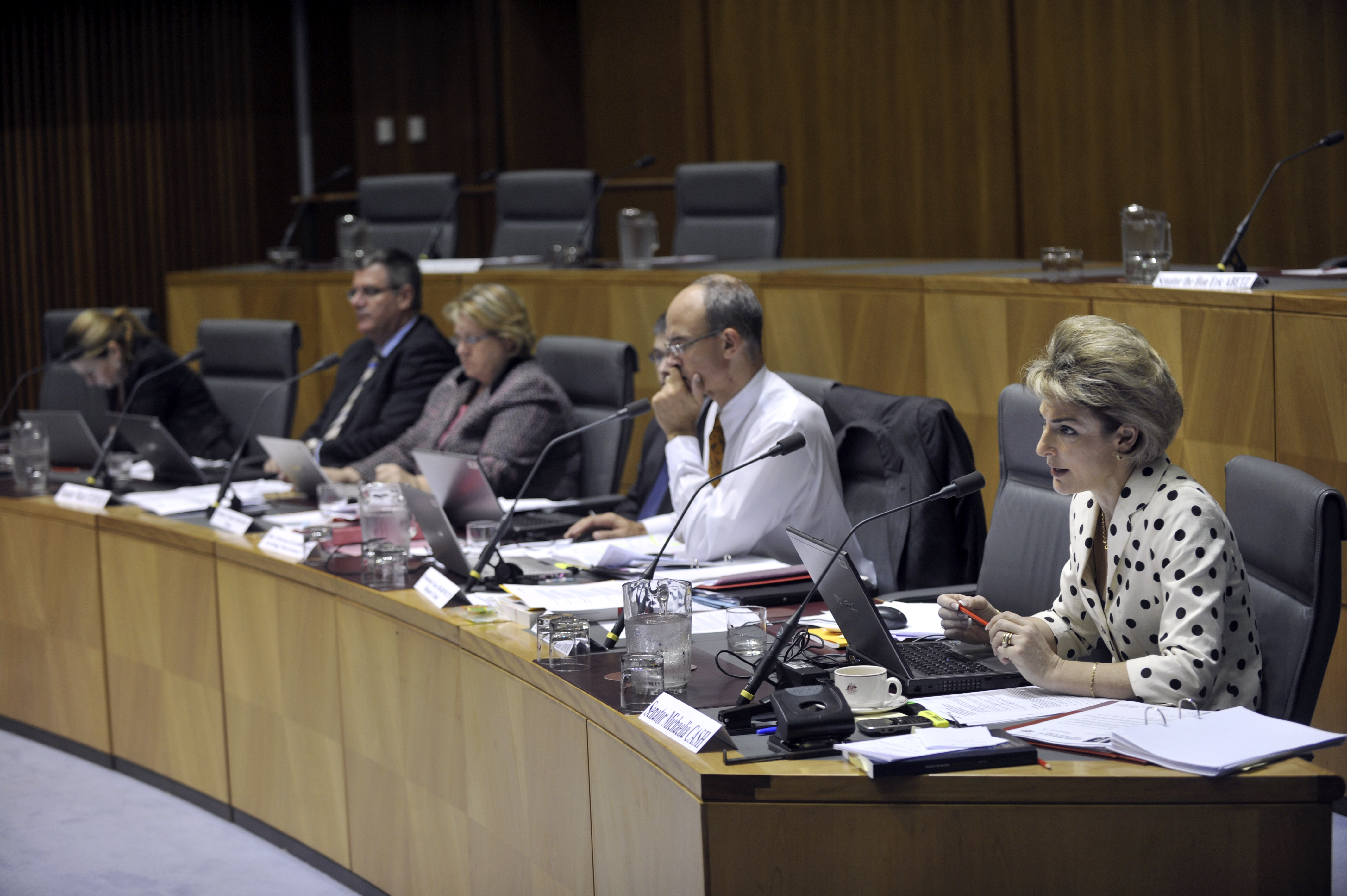 \x3cp\x3eSenator Michaelia Cash questioning witnesses, 24 May 2011. L-R: Senators Louise Pratt, Mark Furner and Trish Crossin [Chair], Owen Griffiths [Acting Secretary] (obscured), Senators Guy Barnett [Deputy Chair] and Michaelia Cash. DPS Auspic.\x3c/p\x3e