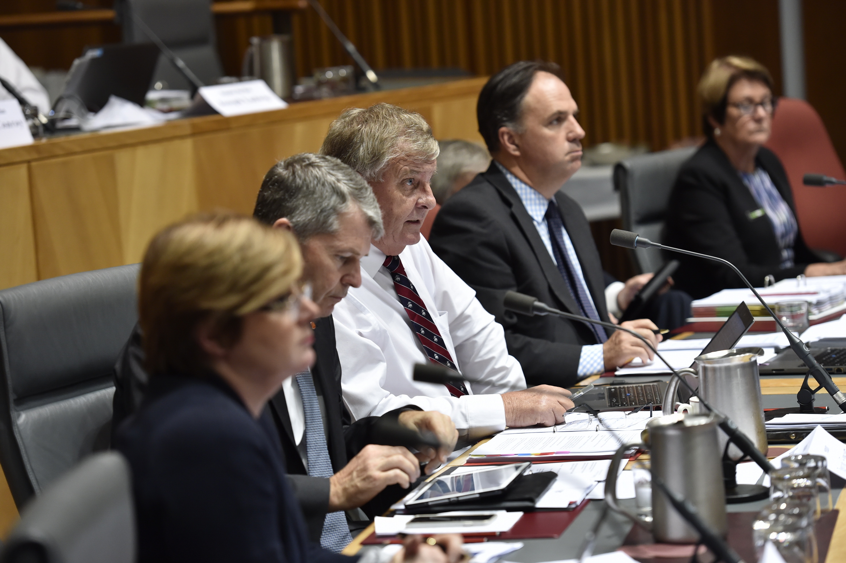 \x3cp\x3eCommittee members from left: Senators Linda Reynolds, David Fawcett and Chris Back [Chair], Tim Bryant [Secretary] and Senator Anne McEwen, 10 February 2016. DPS Auspic.\x3c/p\x3e
