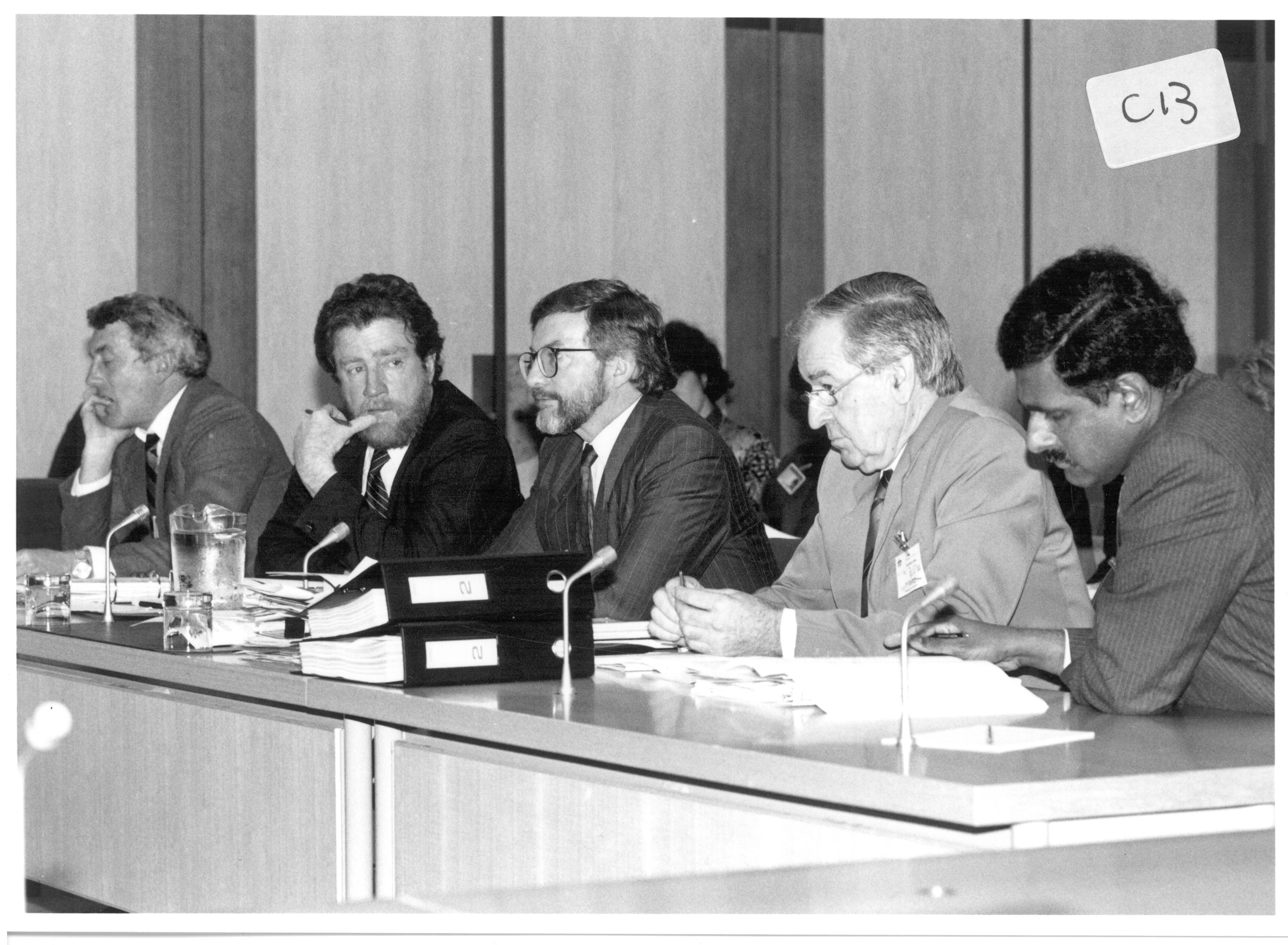 \x3cp\x3eEstimates Committe F supplementary budget estimates hearing, 13 September 1990. L-R: Tom Munyard [Assistant Secretary, Corporate Services Branch, Department of Industrial Relations], Bob Marshman [Deputy Secretary, Department of Industrial Relations], Senator the Hon Peter Cook [Minister for Industrial Relations], Ken Stone [National Director, Australian Trade Union Training Authority] and Trevor Prabhakaran [Acting Manager, Administration and Finance, Australian Trade Union Training Authority]. Image by Peter West, Government Photographic Service.\x3c/p\x3e