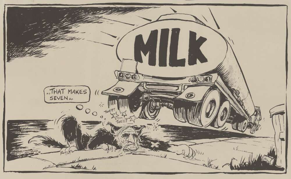 \x3cp\x3eCartoon - Geoff Pryor, \'That makes seven\', Canberra Times, 18 September 1981, National Library of Australia, nla.obj-156390375. Cartoon in response to the Finance and Government Operation Committee casting doubt on a statement by Minister for Primary Industry Ian Sinclair that he was unaware that actions of Australian Dairy Corporation  subsidiary Asia Dairy Industries were in breach of an international trade agreement.\x3c/p\x3e
