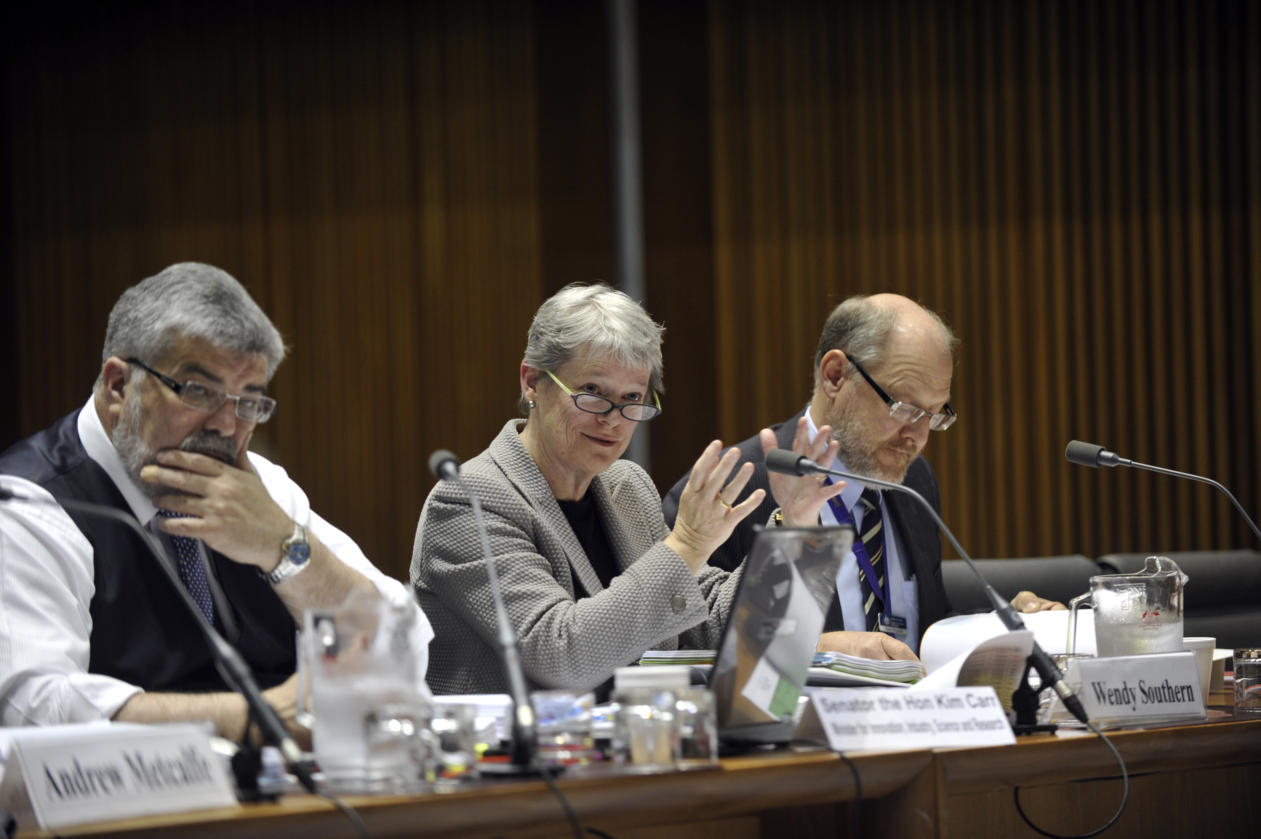 \x3cp\x3eSenator the Hon Kim Carr, Minister for Innovation, Industry, Science and Research, appearing with Dr Wendy Southern [Deputy Secretary] and Robert Illingworth [Acting First Assistant Secretary, Compliance and Case Resolution Division] of the Department of Immigration and Citizenship before the Legal and Constitutional Affairs Legislation Committee budget estimates hearing, 24 May 2011. DPS Auspic.\x3c/p\x3e