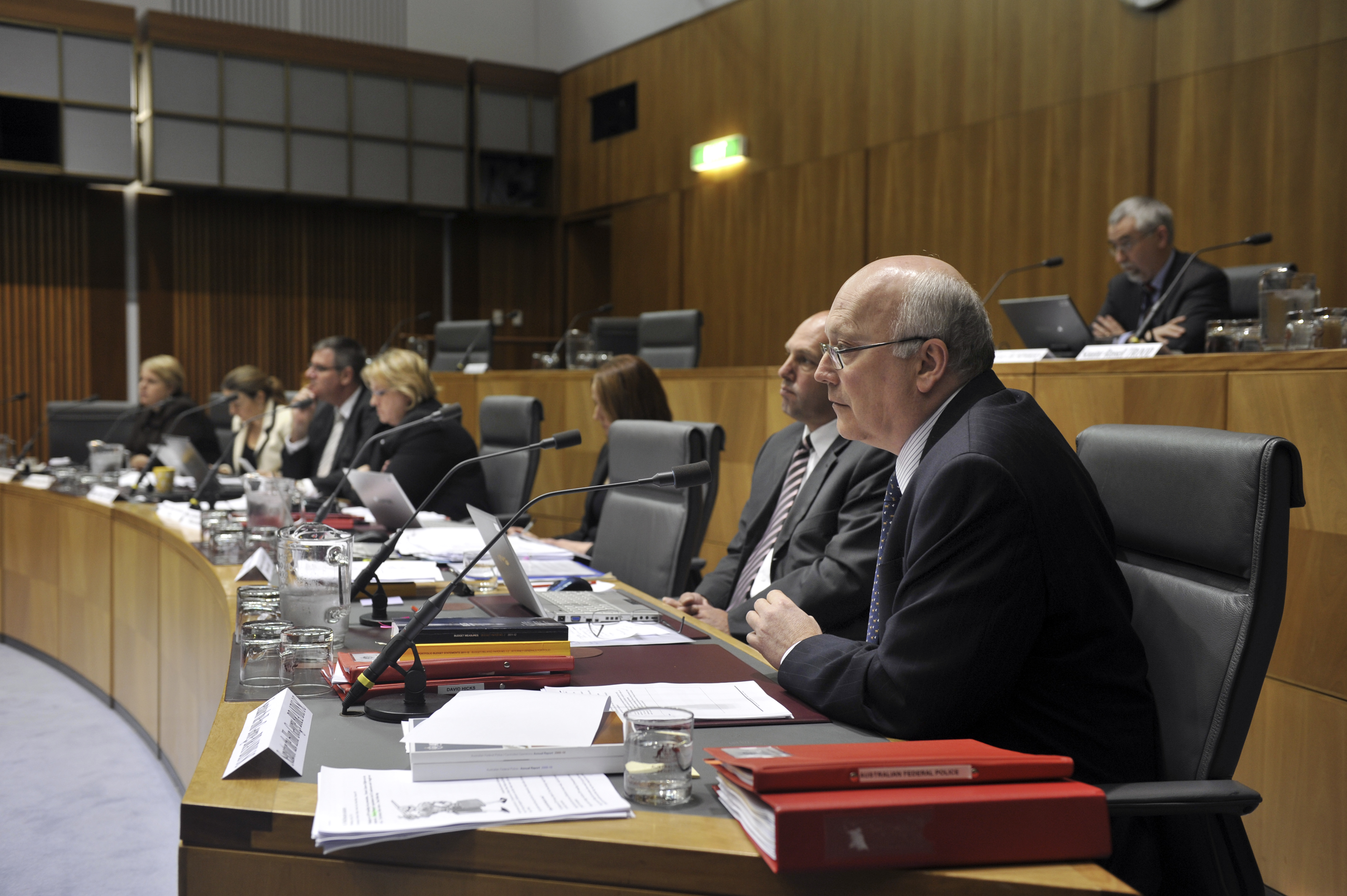 \x3cp\x3eCommittee members at a budget estimates hearing, 26 May 2011. Bottom row L-R: Senators Sue Boyce, Louise Pratt, Mark Furner, Trish Crossin, Julie Dennett [Secretary] (obscured), Senators Stephen Parry and George Brandis. Senator Gary Humphries in top row. DPS Auspic.\x3c/p\x3e