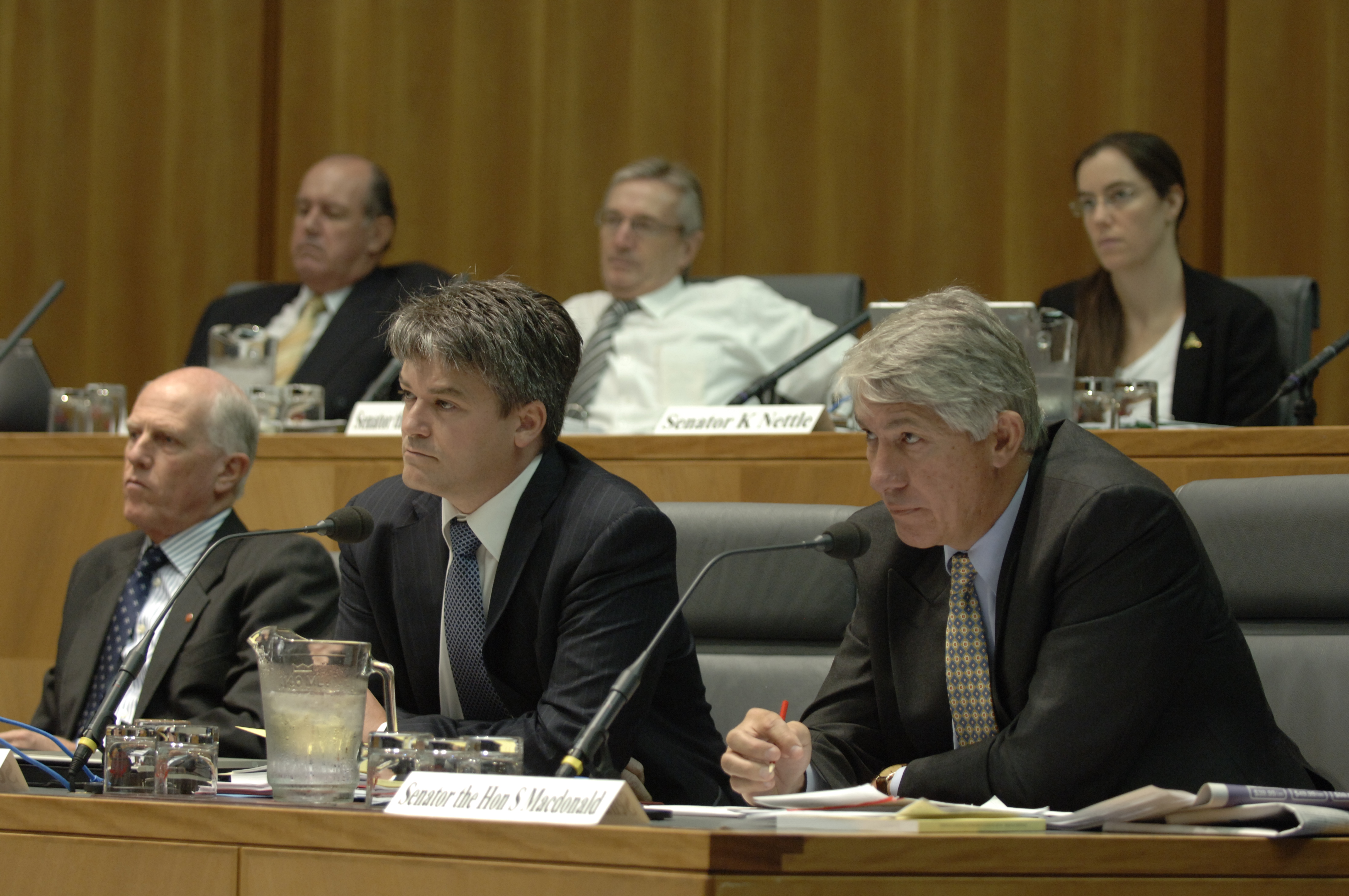 \x3cp\x3eStanding Committee on Foreign Affairs, Defence and Trade at an additional estimates hearing, 20 February 2008. Top row L-R: Senators David Johnston, Nick Minchin and Kerry Nettle. Bottom row L-R: Senators Russell Trood [Deputy Chair], Mathias Cormann and Sandy Macdonald. DPS Auspic.\x3c/p\x3e