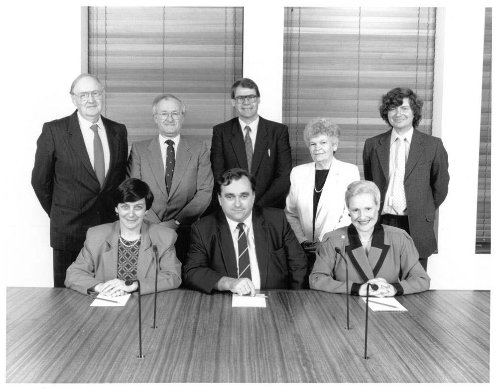 Standing Committee on Regulations and Ordinances, 1989. Standing L-R: Professor Douglas Whalan [Legal Adviser], Senators John Stone, John Faulkner and Patricia Giles, and David Creed [Secretary]. Seated L-R: Senators Kay Patterson, Bob Collins [Chair] and Bronwyn Bishop. Government Photographic Service.