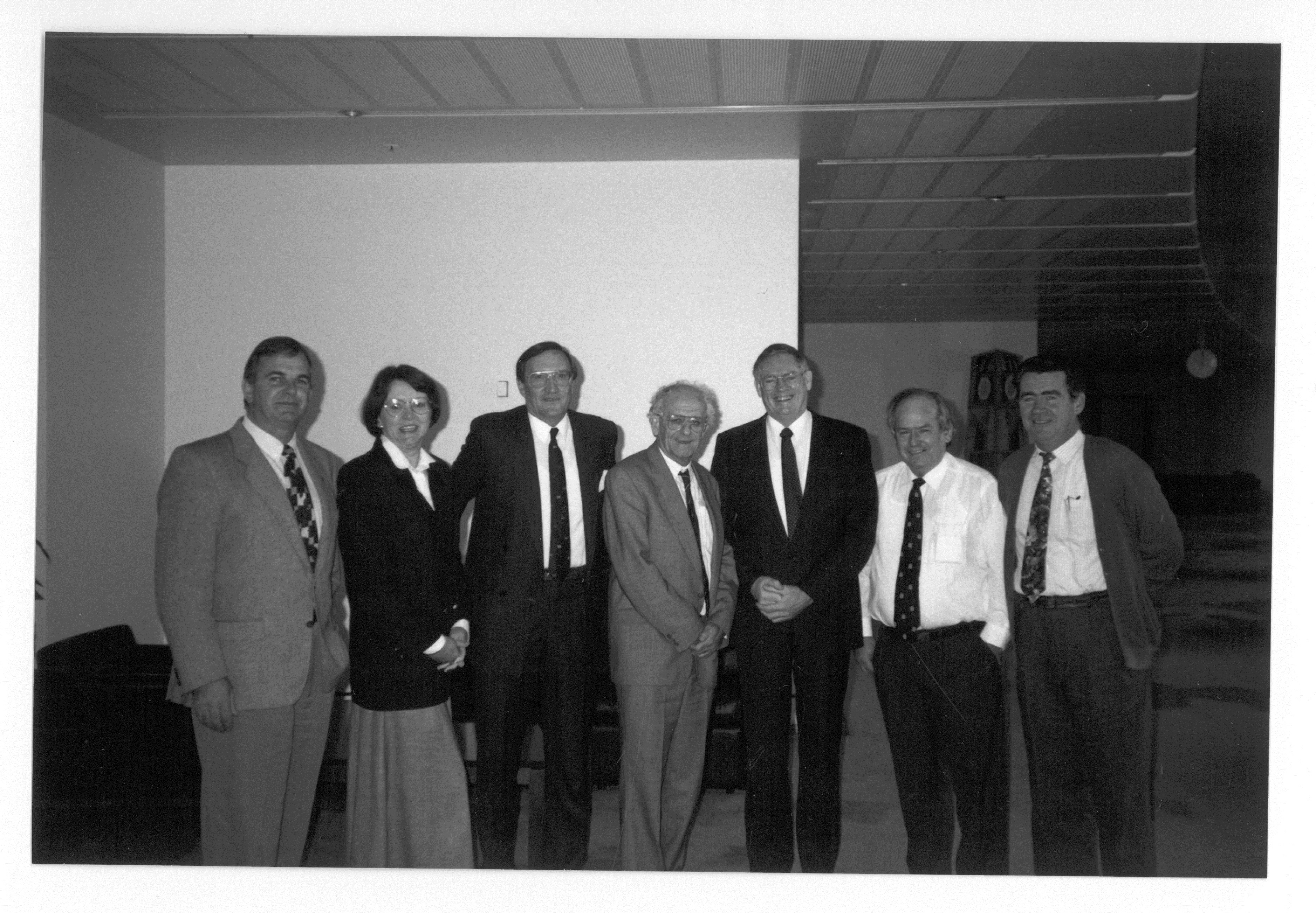 \x3cp\x3eTed Woodfield, New Zealand\'s High Commissioner to Australia, with members of the Standing Committee on Rural and Regional Affairs after appearing before a public hearing of its shearing industry employment inquiry, 11 June 1993. L-R: Senators Paul Calvert, Sue West, David Brownhill [Deputy Chair] and Bryant Burns [Chair], High Commissioner Ted Woodfield, Senators Winston Crane and Jim McKiernan.\x3c/p\x3e