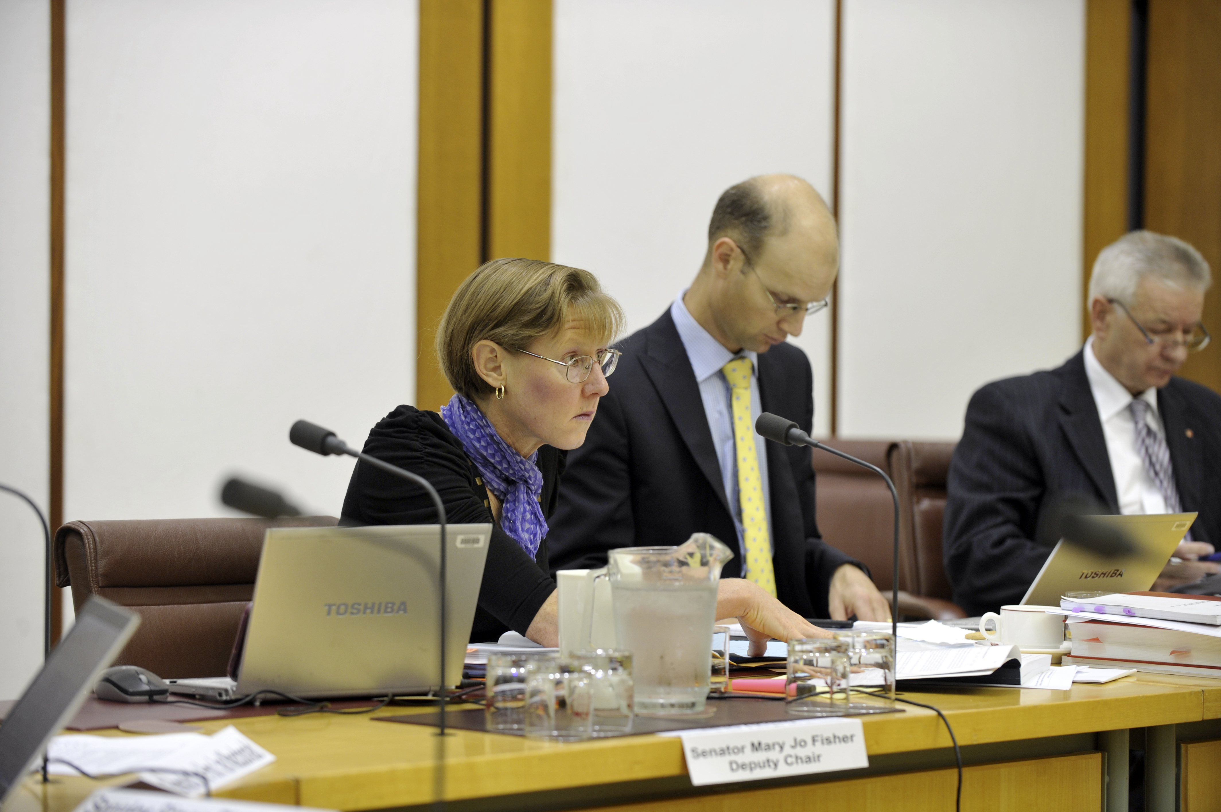 \x3cp\x3eSenator Mary Jo Fisher, deputy chair of the Senate Environment and Communications Legislation Committee (left), questioning officers from the Department of Broadband, Communications and the Digital Economy during a budget estimates hearing, 26 May 2011. DPS Auspic.\x3c/p\x3e