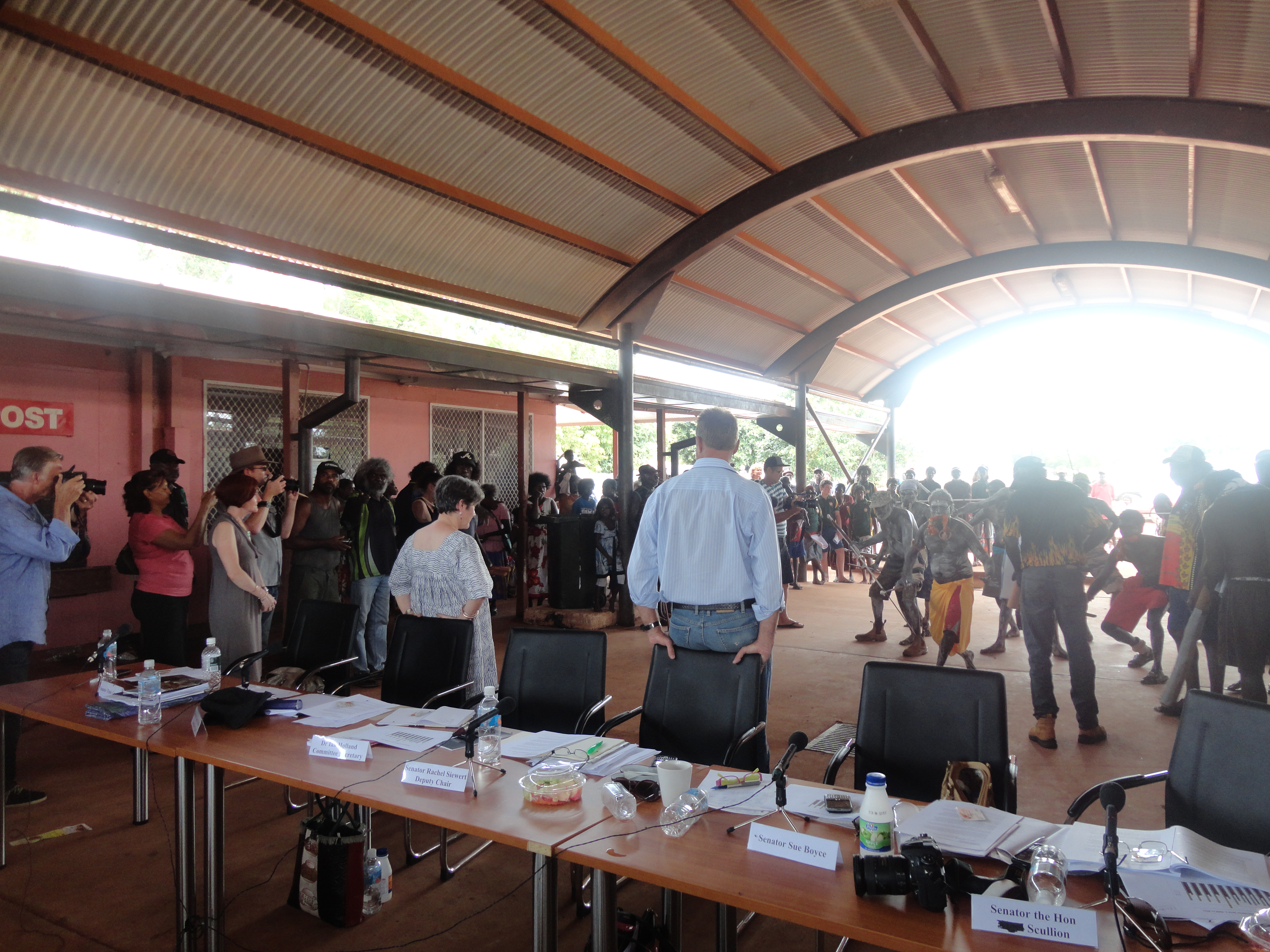 \x3cp\x3eSenators Rachel Siewert, Claire Moore and Nigel Scullion watching a cultural performance, Maningrida, NT, 22 February 2012.\x3c/p\x3e