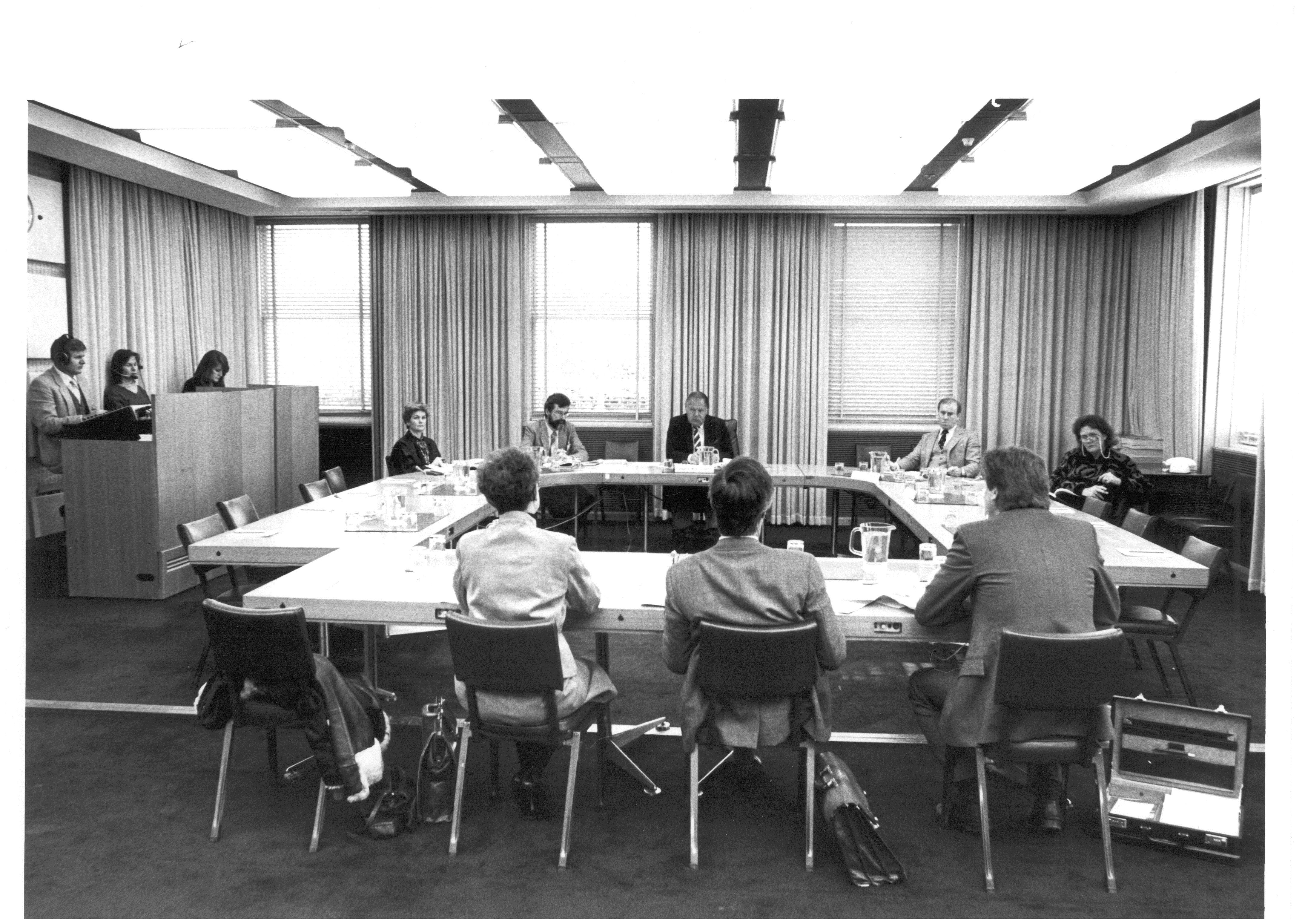 \x3cp\x3eStanding Committee on Education and the Arts questioning officers from the Department of Education and Commonwealth Schools Commission at a public hearing of its inquiry into the education of gifted and talented children, 14 July 1986. After the 1987 election, the inquiry was referred to a select committee with the same membership for completion. Seated facing camera L-R: Senator Jocelyn Newman, Terry Brown [Secretary], Senators Mal Colston [Chair], Baden Teague and Margaret Reynolds. \x3c/p\x3e